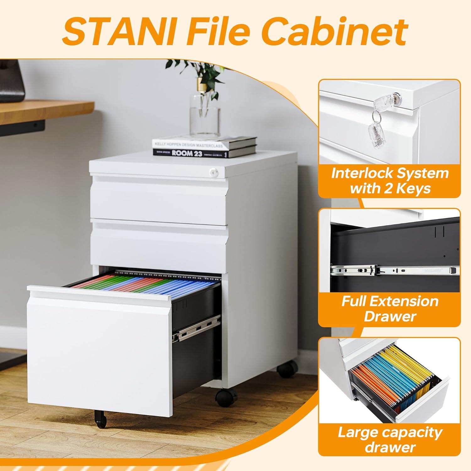 3 Drawer Mobile File Cabinet, Metal Filing Cabinets with Lock Wheels Under Desk, Lockable Rolling File Cabinet for Home Office, Fit Letter/Legal/A4 Size (White)