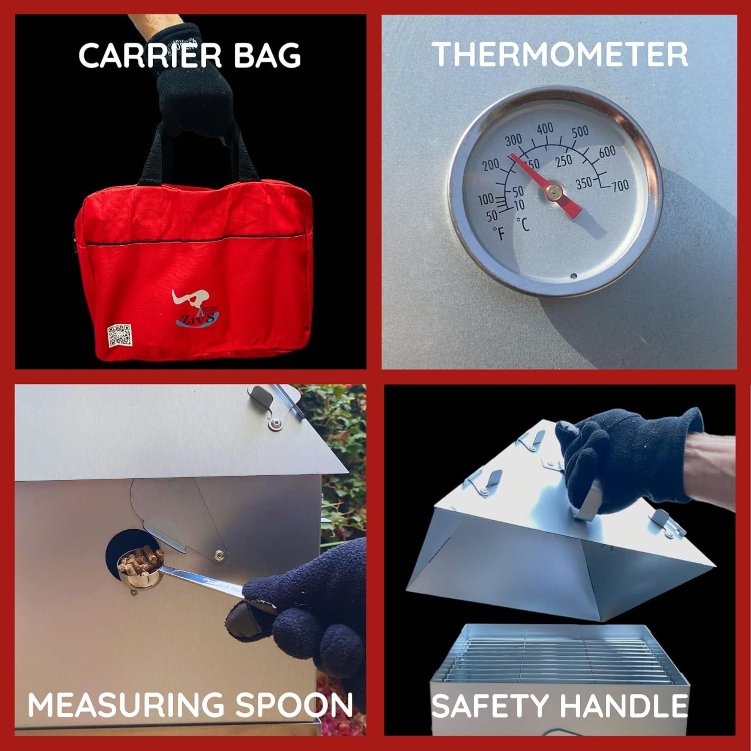 Foldable & Portable Vertical Pellet Smoker - 19.7” Meat Smoker for BBQ Grill, Outdoor Cooking, Camping & RV - Easy to Clean - Includes Carrier Bag, Spoon & Built-in Thermometer – EasyGoSmoker