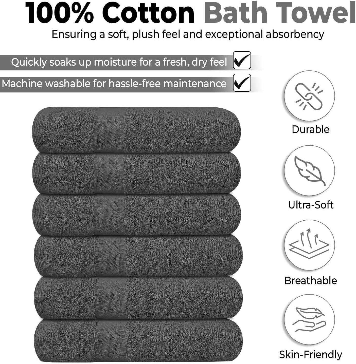Grey 27x54 Inch 100% Cotton Quick Dry Bath Towel Set