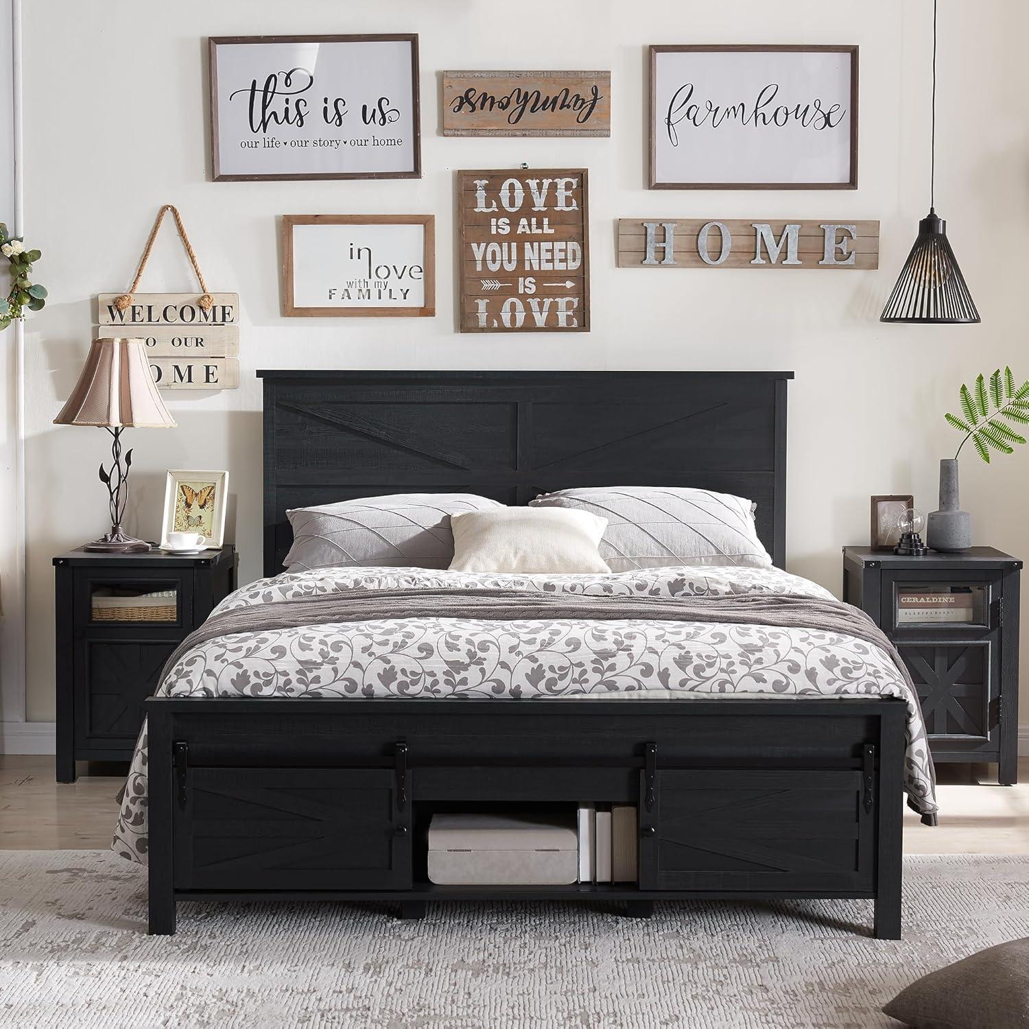 Argana Farmhouse Wood Bed Frame with Headboard and Sliding Barn Door Storage Cabinets