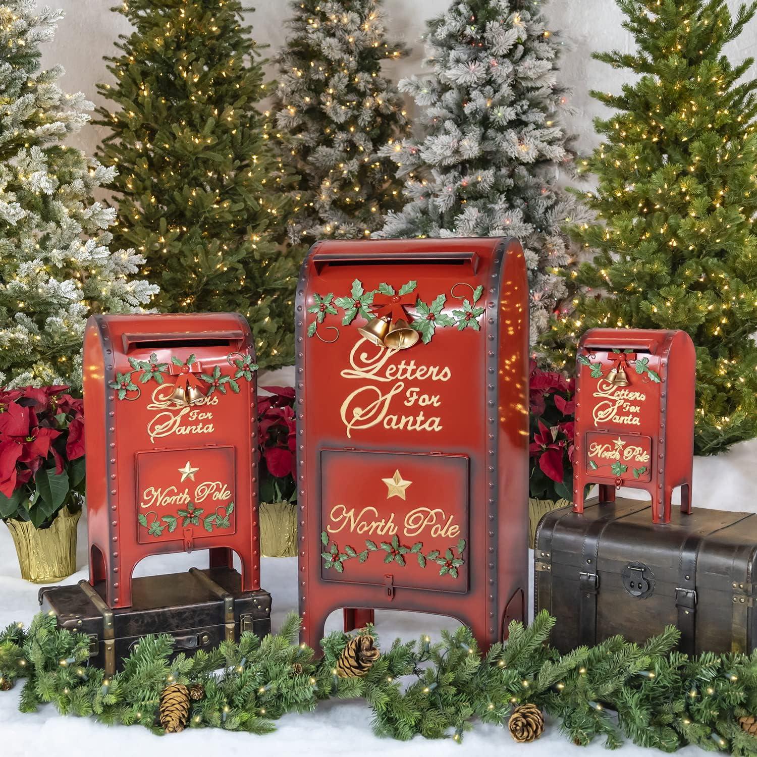 Life-Size Red Iron Christmas Mailbox Set with Lockable Doors