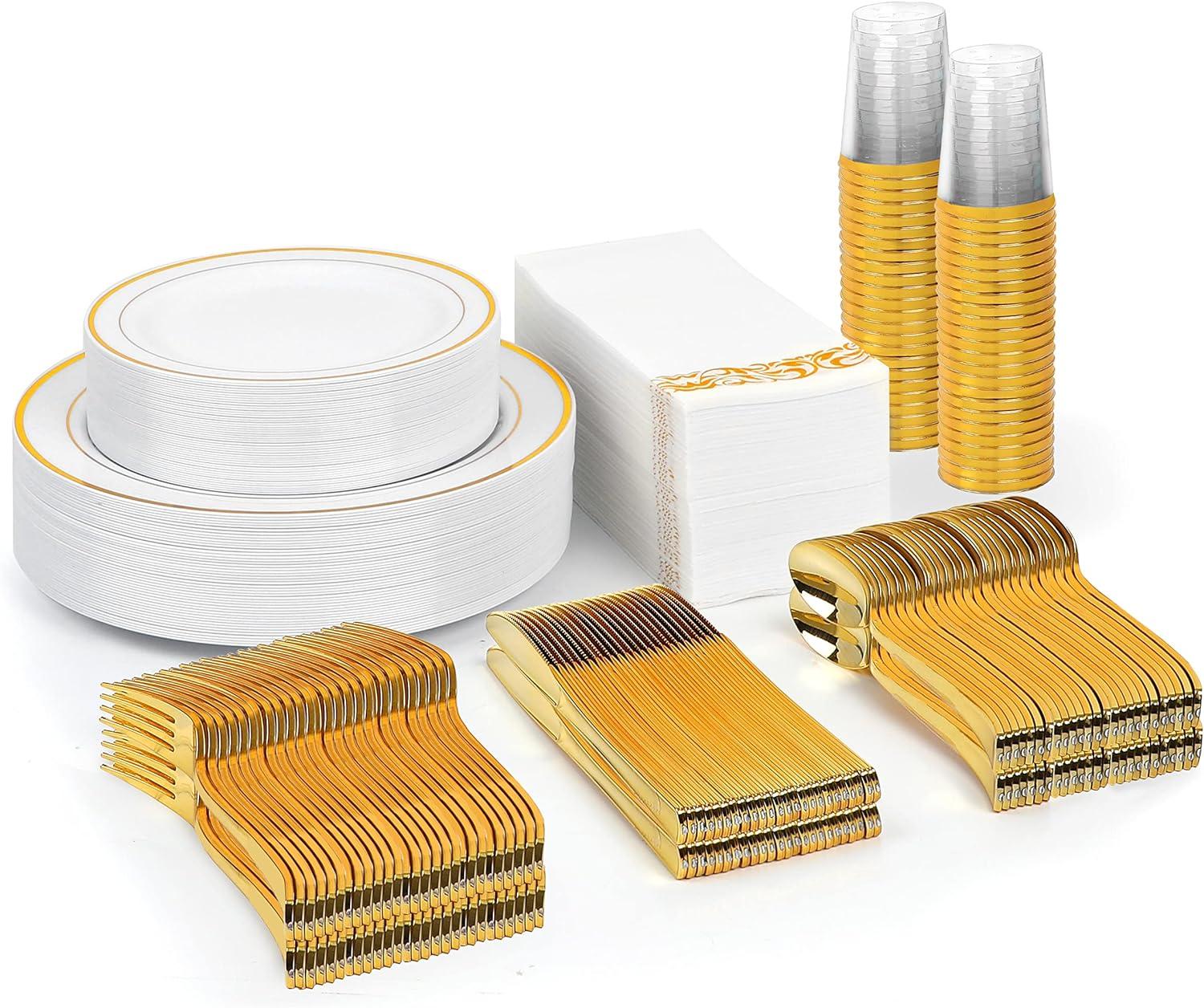 FOCUSLINE 350 Piece Gold Rim Dinnerware Set, Disposable Plastic Plates for Party or Wedding-100 Plastic Plates-50 Plastic Silverware-50 Plastic Cups-50 Linen Feel Napkins(50 Guest)