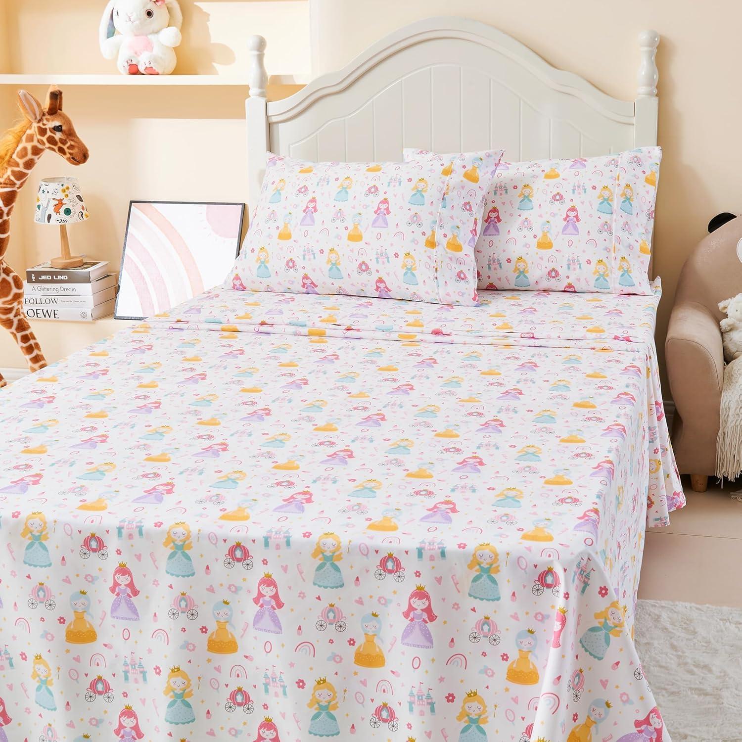 Softan Kids Bed Sheet Set, Girls Twin Size Sheets, Microfiber Fitted Sheet and Pillowcase, Breathable and Silky Soft, 3 Piece Castle Princess Printed Twin Bed Sheet
