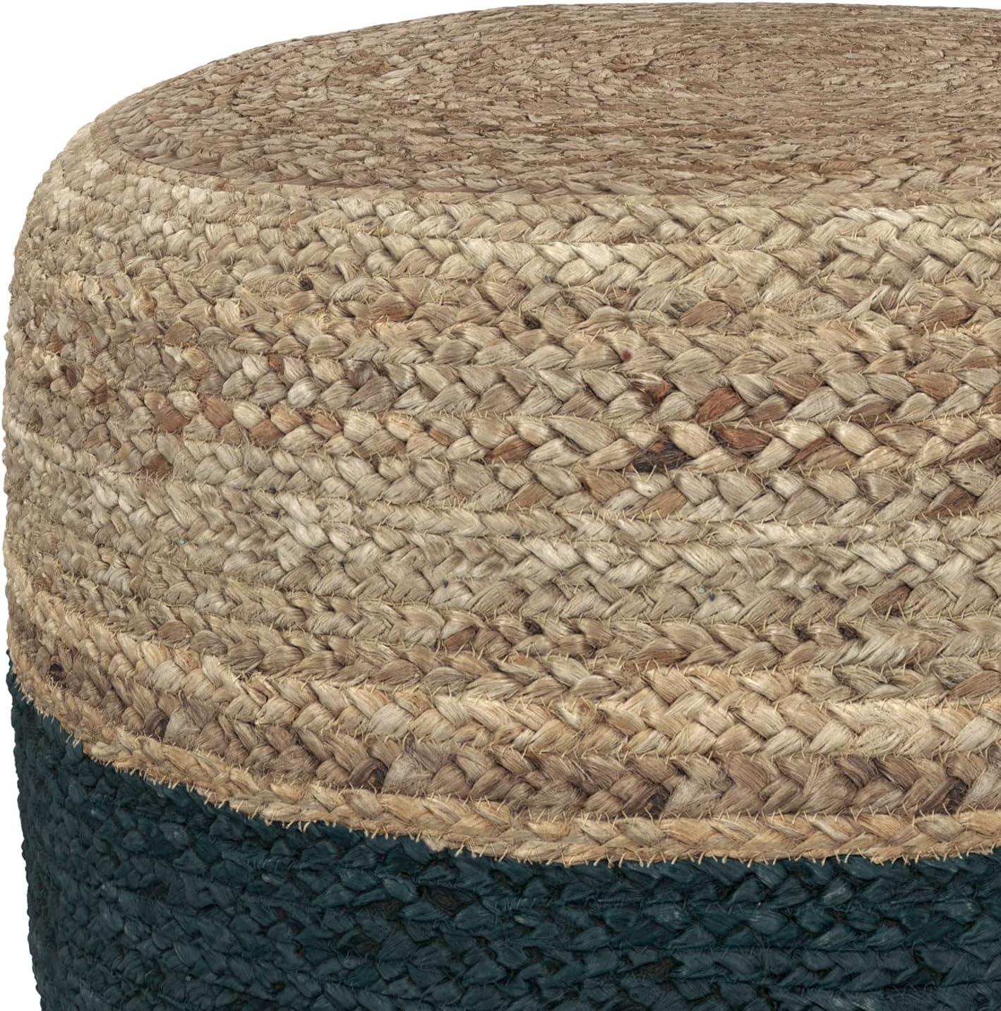 Lydia Contemporary Round Pouf in Teal Blue Natural Braided Jute