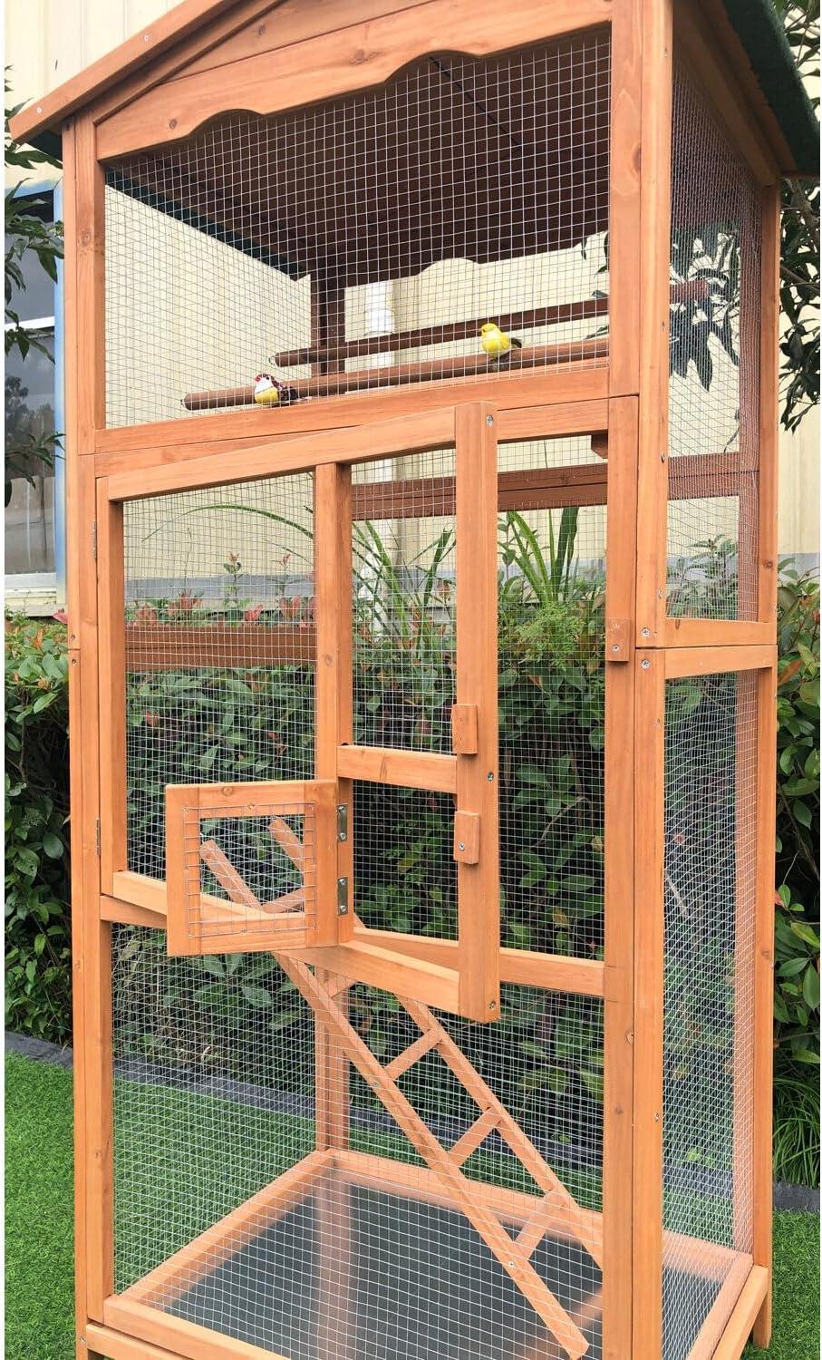 Hanover Outdoor Wooden Bird Cage with 3 Resting Bars, Ladder, Waterproof Roof and Removable Tray, 2.9 Ft. x 2.1 Ft. x 5.8 Ft.