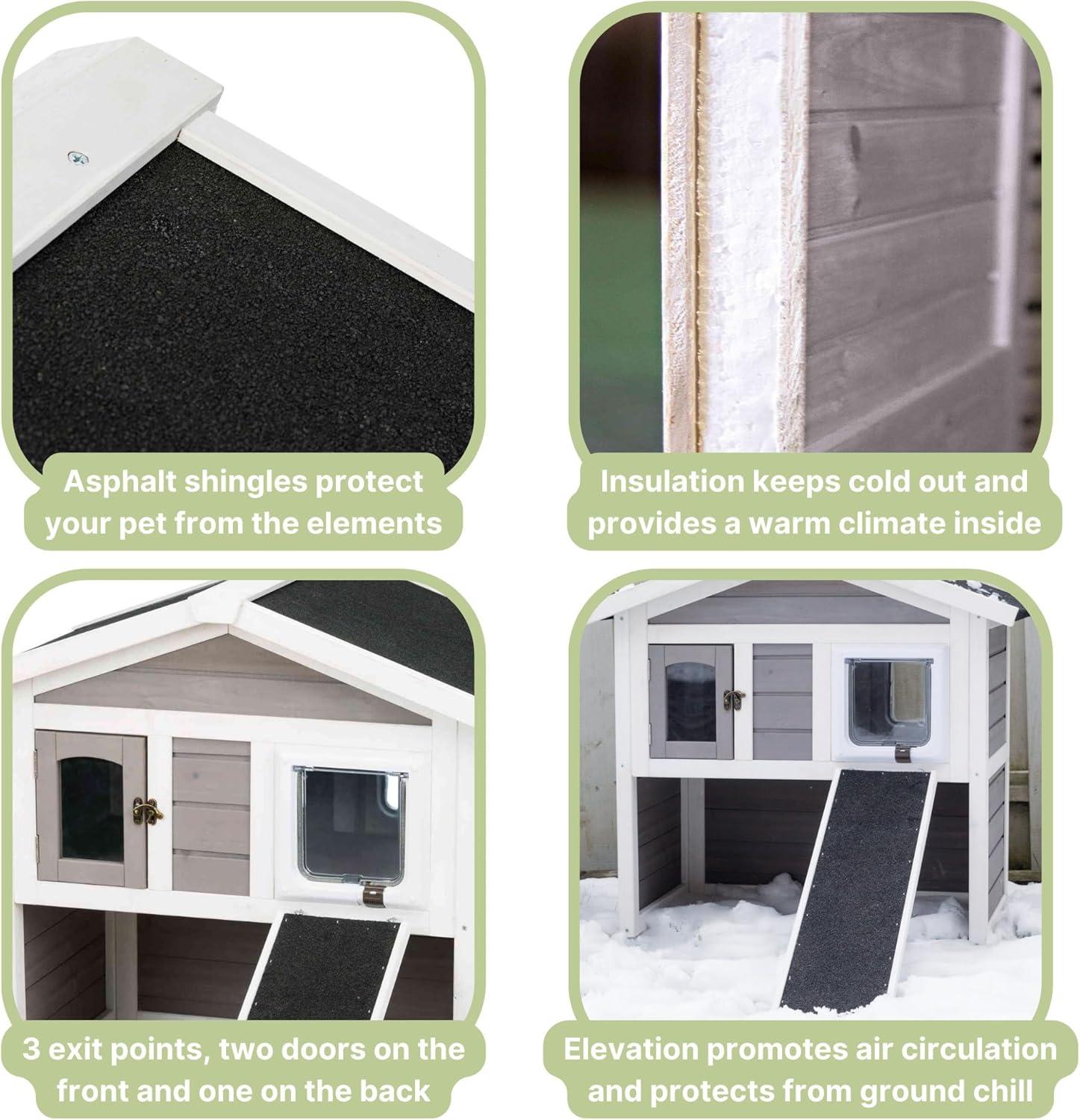 Gray and White 2-Story Insulated Outdoor Cat House with Ramp