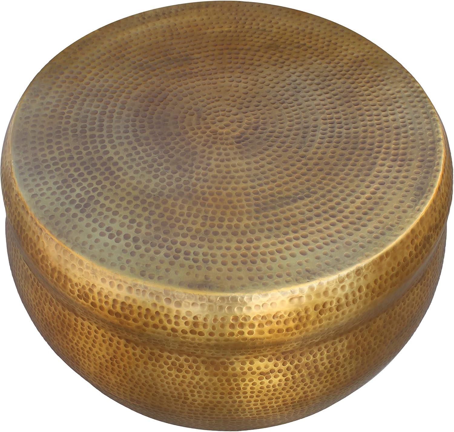 32" Artisanal Antique Brass Round Drum Coffee Table with Storage