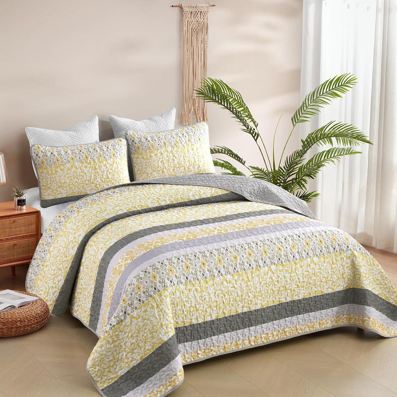 JML 3 Piece Quilt Set King Size,Lightweight Microfiber Bedspread Coverlet,Grey & Yellow Floral