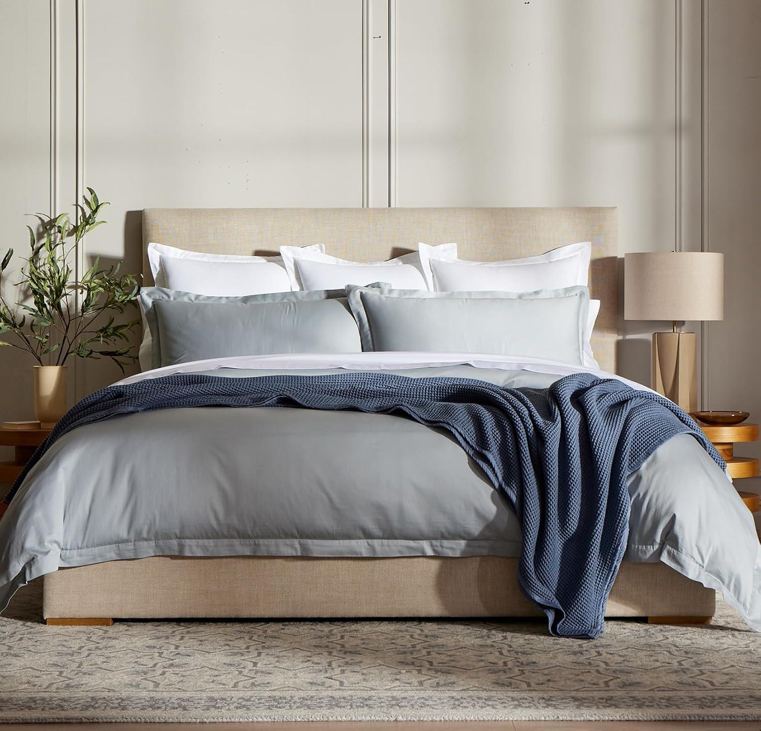 BOLL & BRANCH Signature Hemmed Duvet Set - King/Cal King, Shore - Luxury 100% Organic Cotton - 1 Duvet Cover, 2 Shams - Buttery Soft, Hidden Closures