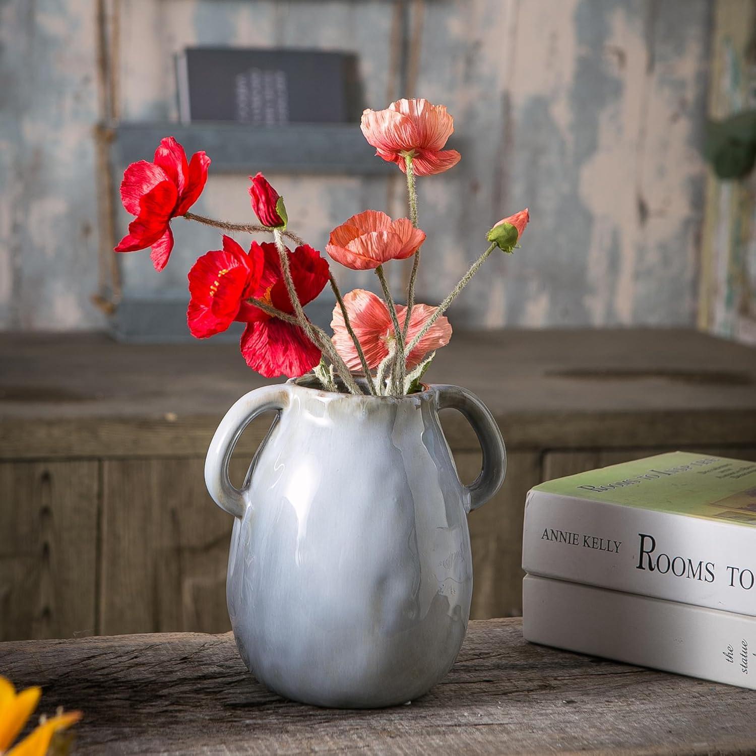Grey Ceramic Vase with 2 Handles, Modern Farmhouse Vase for Home Decor, Rustic Terracotta Vase, Decorative Pottery Flower Vase, Clay Samll Vase, Centerpieces for Dining Table - 7 Inch Tall