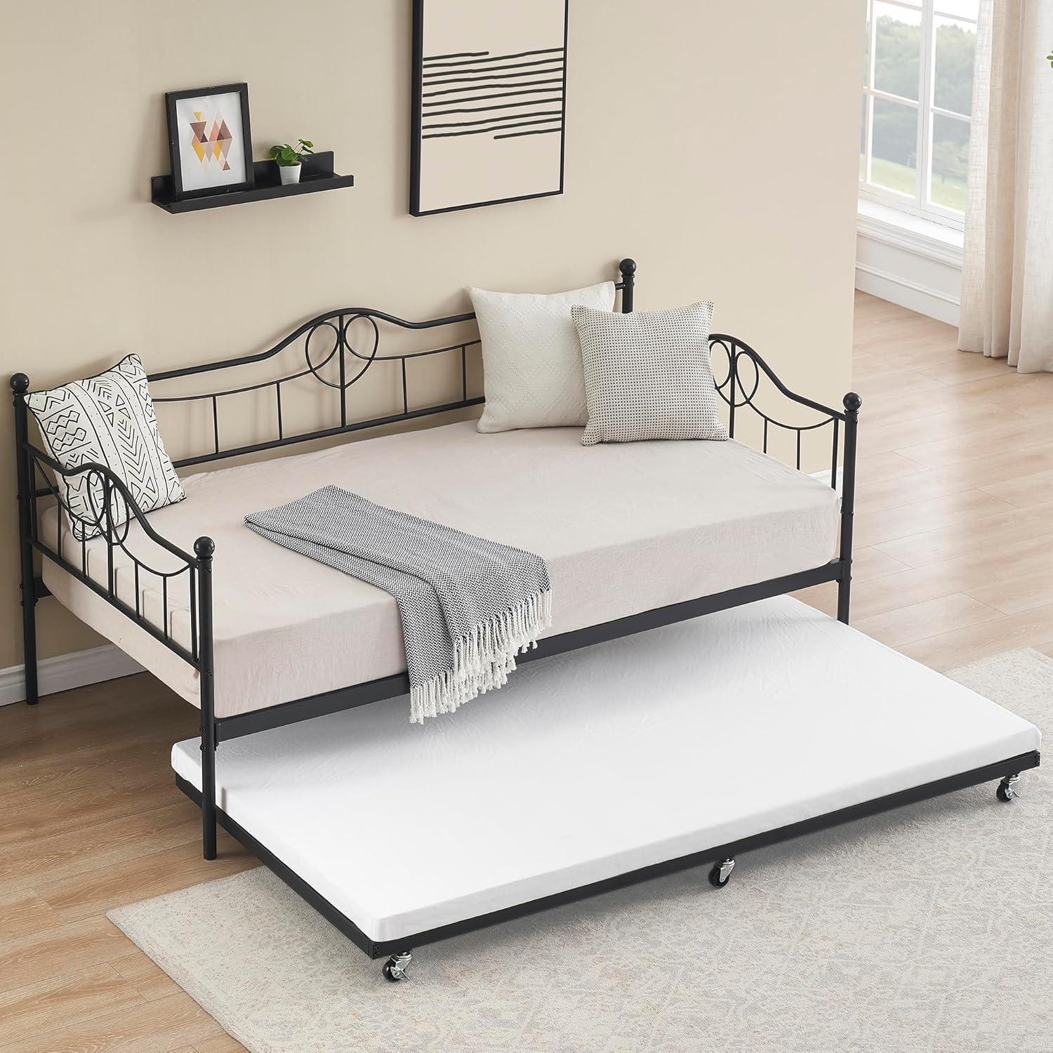 Twin Daybed with Trundle, Metal Day Beds Twin Size, Sofa Bed for Living Room and Guest Room, Black