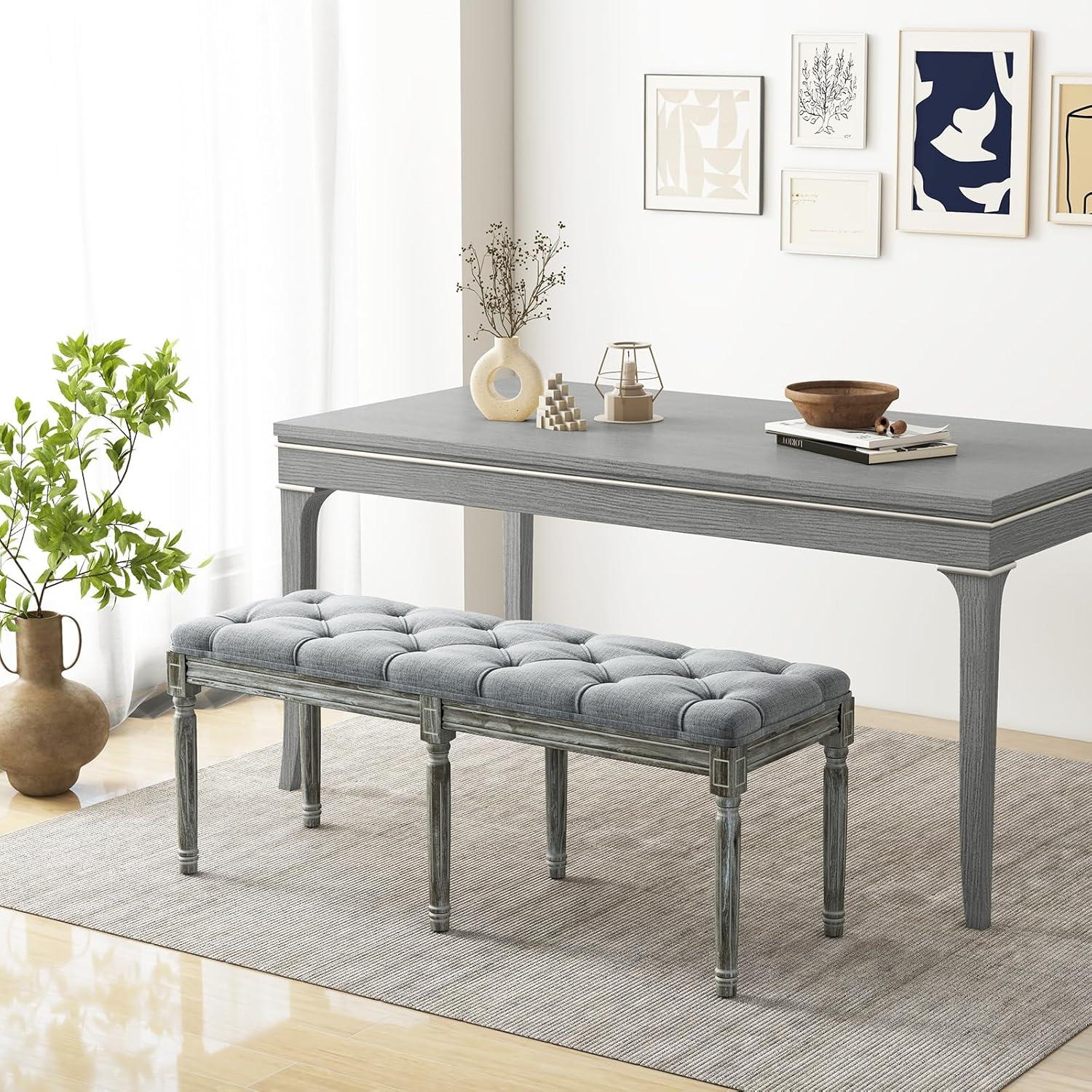 YYAo French Vintage Entryway Bench 47 Inch Upholstered Dining Bench-Gray