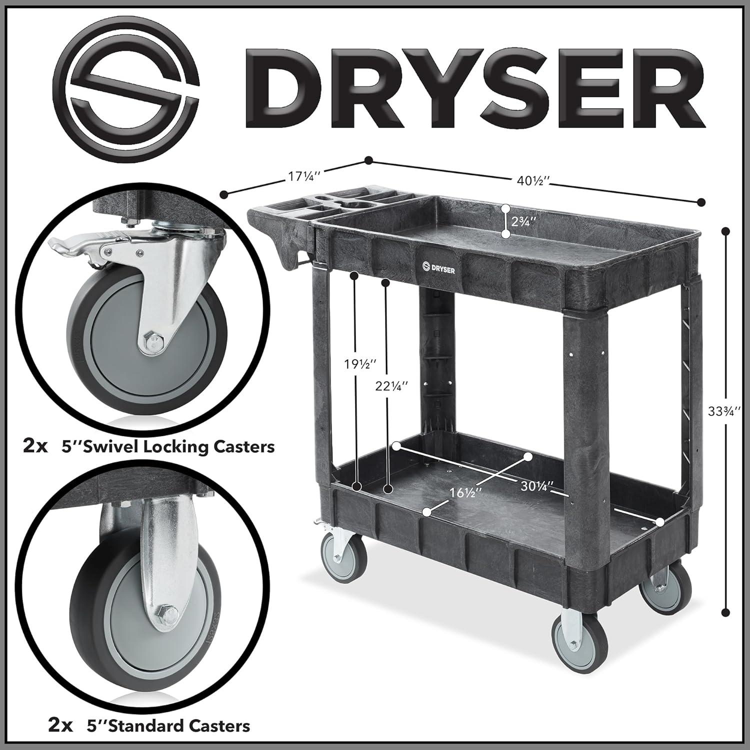 Dryser Utility Service Cart with Wheels, Heavy Duty 550 lb. Capacity with Shelves - Rolling Cart with 5" Swivel Wheels for Warehouse, Garage, Cleaning