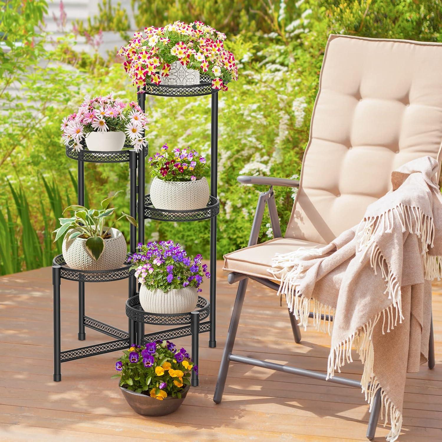 Black Wrought Iron 5-Tier Foldable Plant Stand