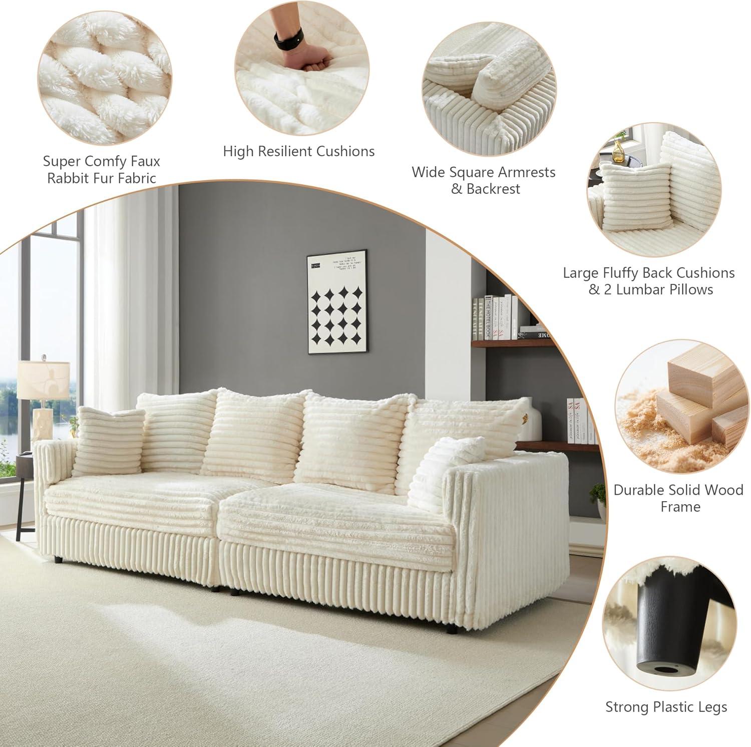 104.3''Cloud Sectional Couch,Oversized Living Room Convertible Sofa, Plush Corduroy Sofa W/6 Soft Pillows,4 Deep Seat Memory Foam Couches,Plush Couch for Living Room, Apartment (Beige)