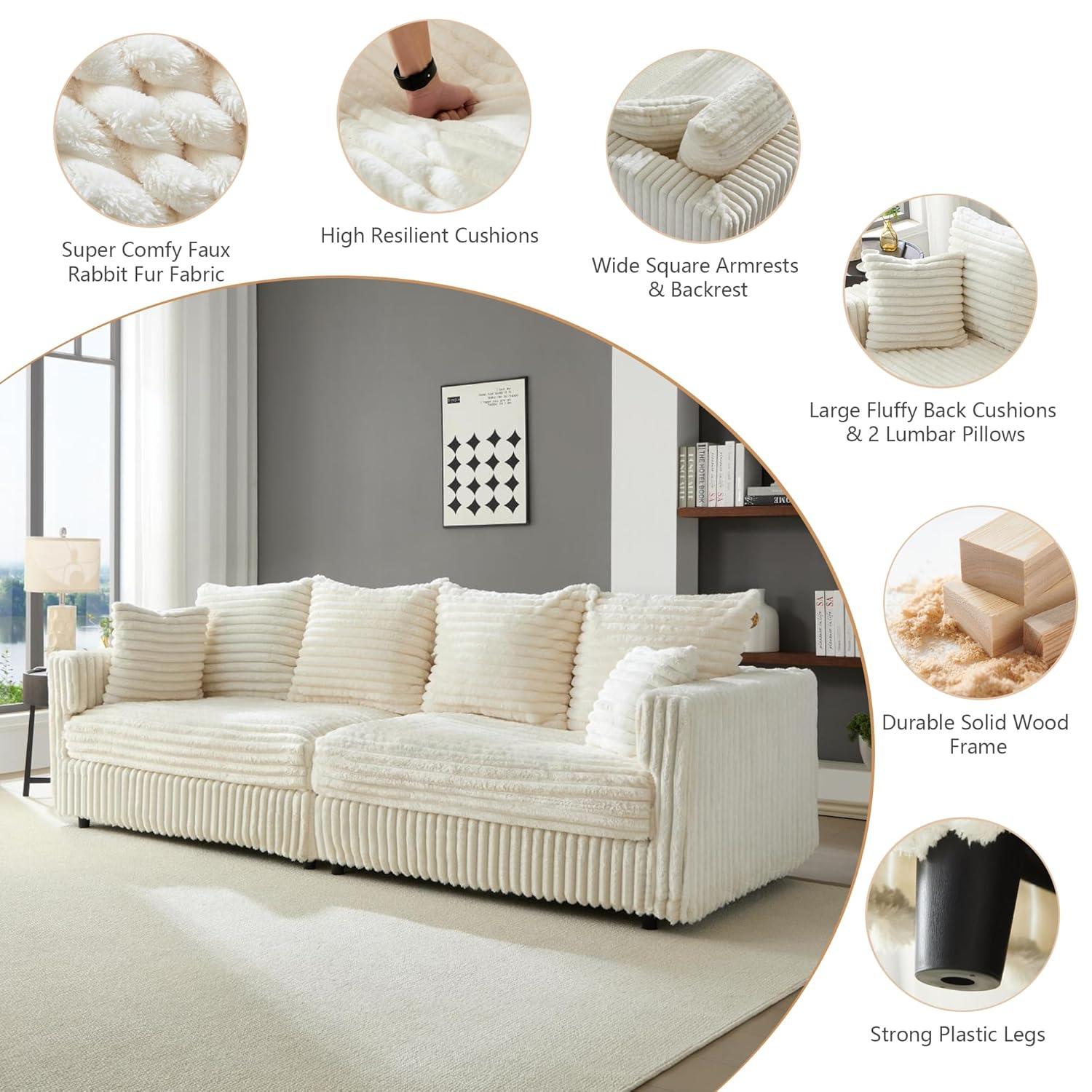 104.3'' Cloud Sectional Couch,Oversized Living Room Convertible Sofa, Plush Corduroy Sofa W/6 Soft Pillows,4-Seat Memory Foam Couches,Plush Couch for Living Room, Apartment (Beige)