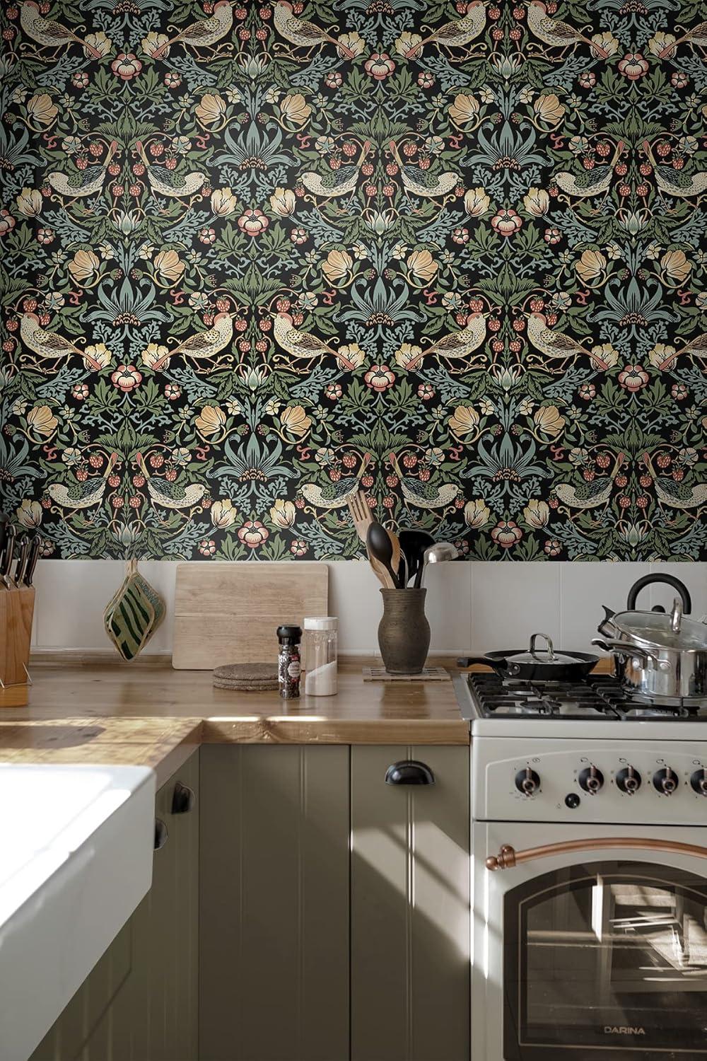 NextWall Aves Garden Peel and Stick Wallpaper Black: Whimsical Vintage Bird & Floral Design, Repositionable, Washable