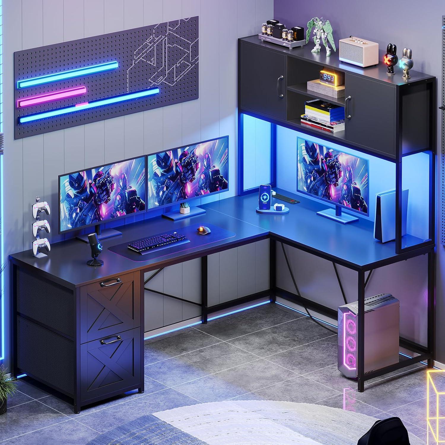 L-Shaped Computer Desk with LED Lights & Hutch & Pegboard, Reversible Gaming Desk with Monitor Stand & Drawers for Home Office, Black