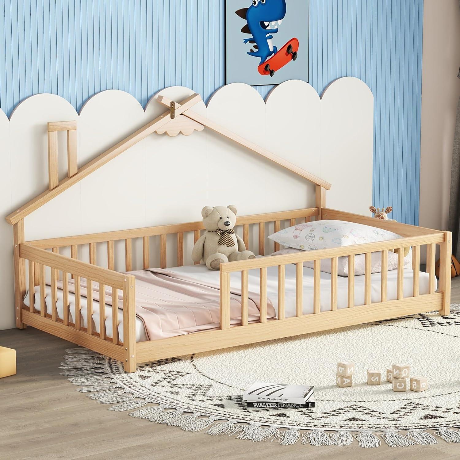 Natural Twin Wood House Frame Floor Bed with Guardrails