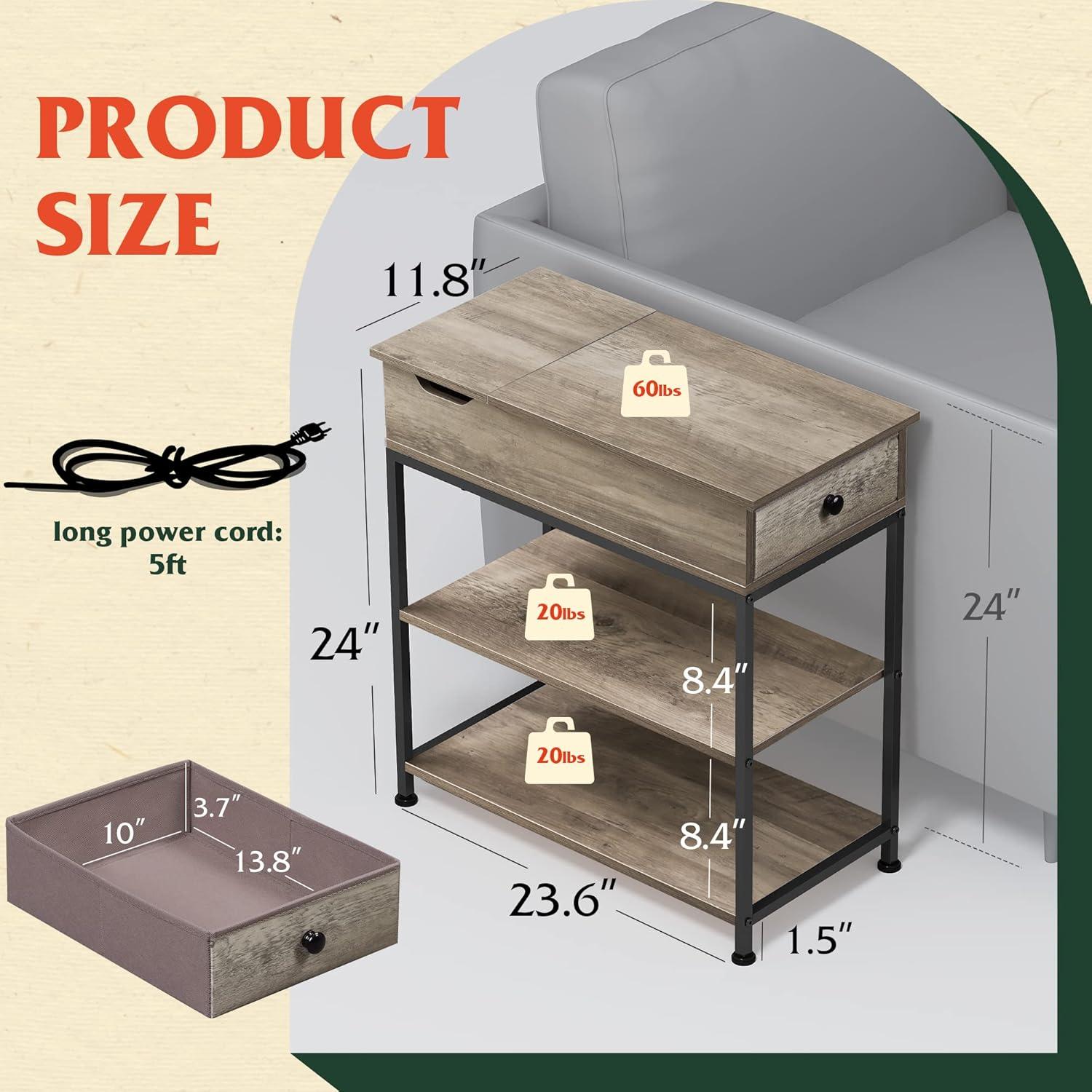 Greige Wood Narrow Side Table with USB Ports and Storage