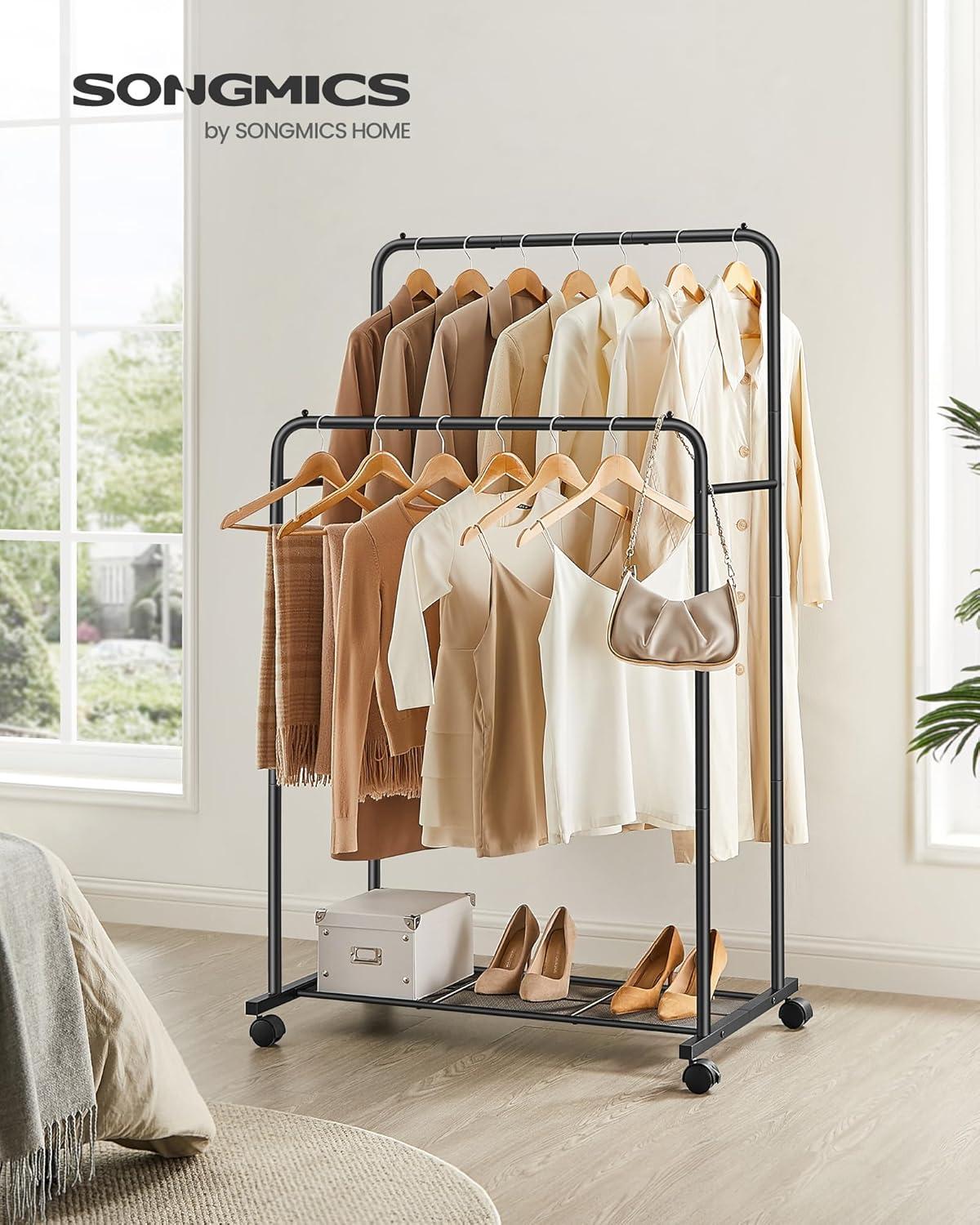 Black Steel Double Rod Portable Clothes Rack with Mesh Shelf