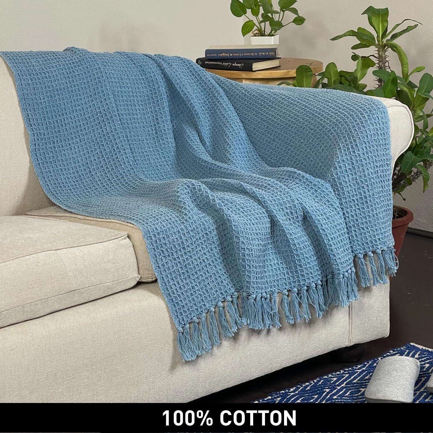 Stonewash Blue Cotton Waffle Weave Throw Blanket