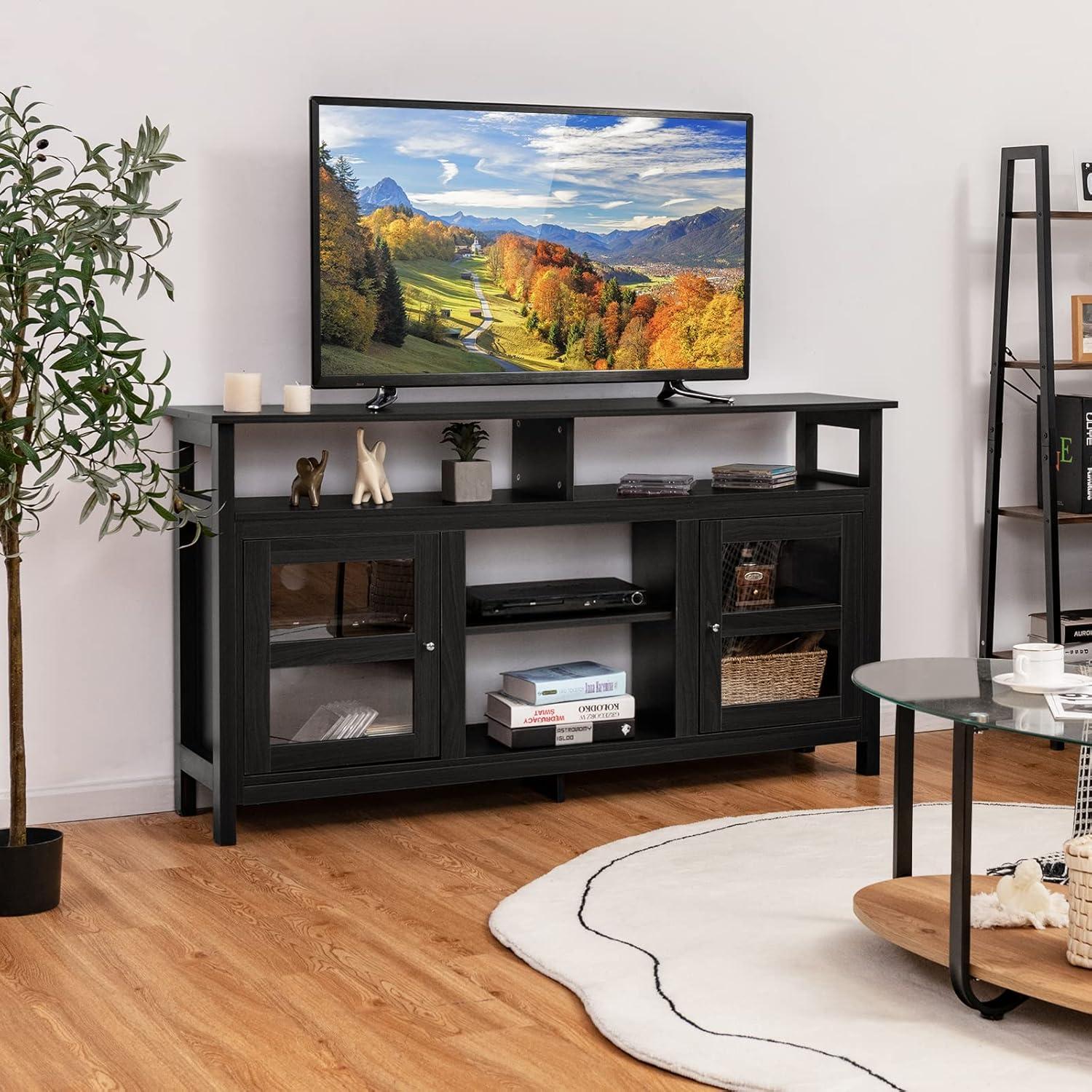 Tangkula Farmhouse TV Stand for TVs up to 65" Flat Screen, Wooden TV Console Table w/2 Cabinets & 4 Shelves, Home Living Room Furniture, Entertainment Center for 18" Electric Fireplace (Not Included)