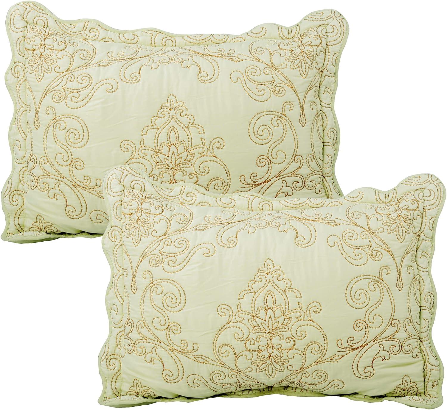 Home Soft Things 4-Piece Reversible Damask Embroidery Bedspread Set, Light Green, Oversized King 120"x120"