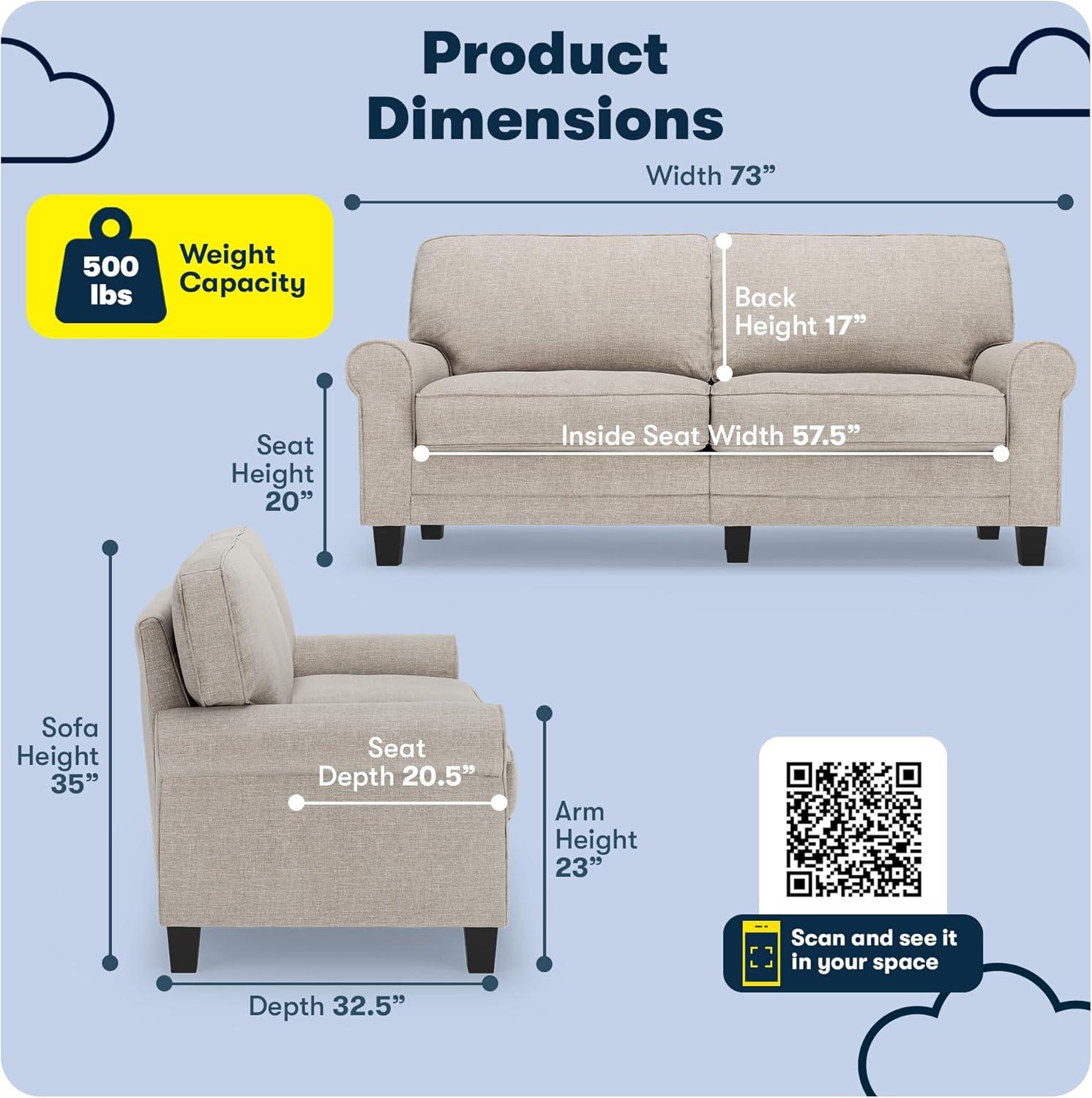 Serta Copenhagen 73" Rolled Arm Sofa, Easy Care Fabric, Soft Pillow Back, Pocket Coil Seat Cushions