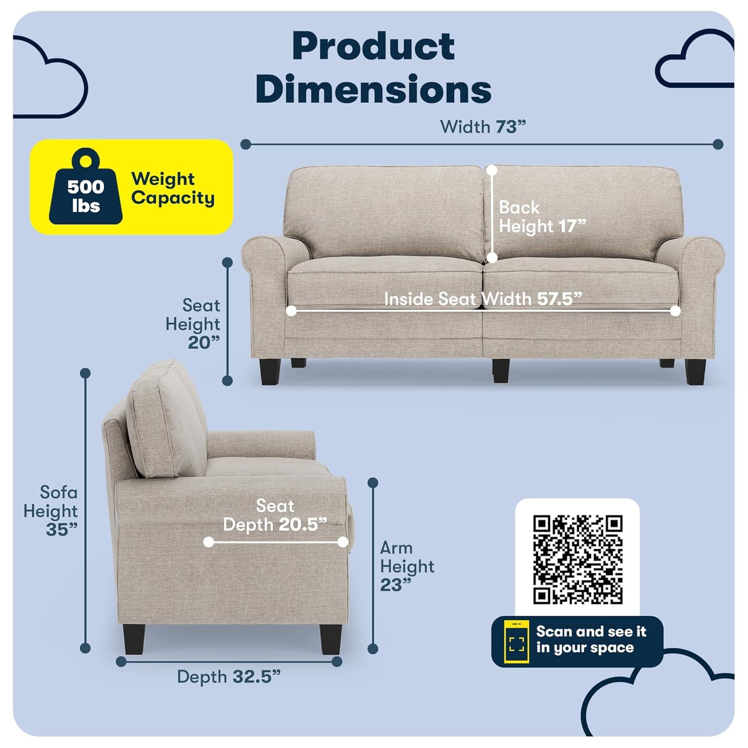 Serta Copenhagen 73" Rolled Arm Sofa, Easy Care Fabric, Soft Pillow Back, Pocket Coil Seat Cushions