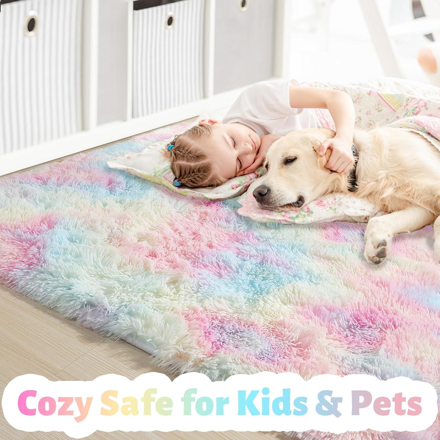 Amdrebio Rainbow Unicorn Colorful Kids Rugs for Girls Bedroom, 8x10 Fluffy Shag Area Rugs for Playroom Classroom, Large Pastel Room Decor Aesthetic, Cute Fuzzy Kawaii Princess Carpet for Baby Toddler