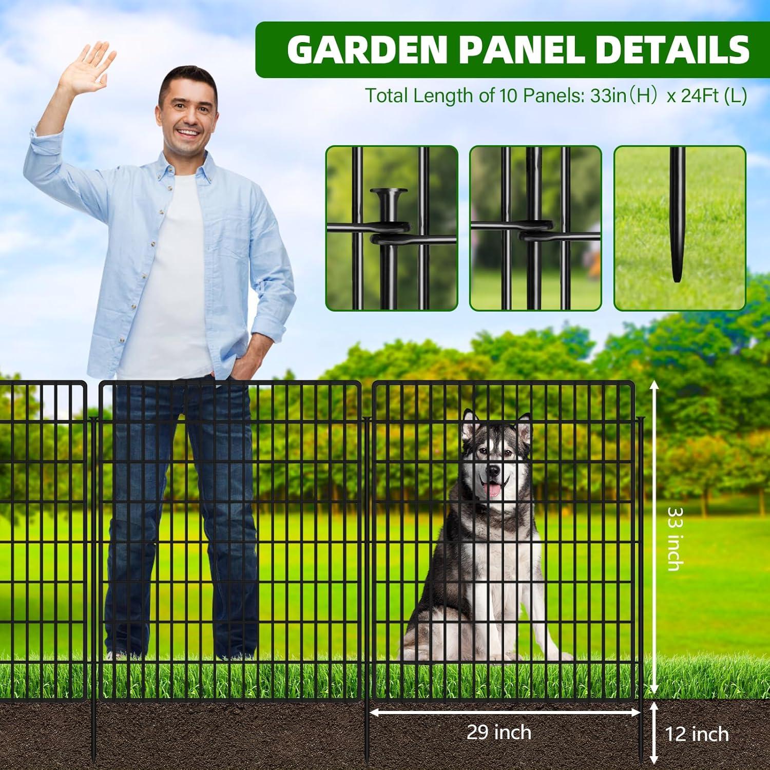 10 Panels Garden Fencing Animal Barrier, 33 in(H) X 24 ft(L) Dog Fence Outdoor for Yard Rustproof No Dig Decorative Tall Garden Fence Metal Wire Panel Border Patio Rabbit Ground Stakes Fencing