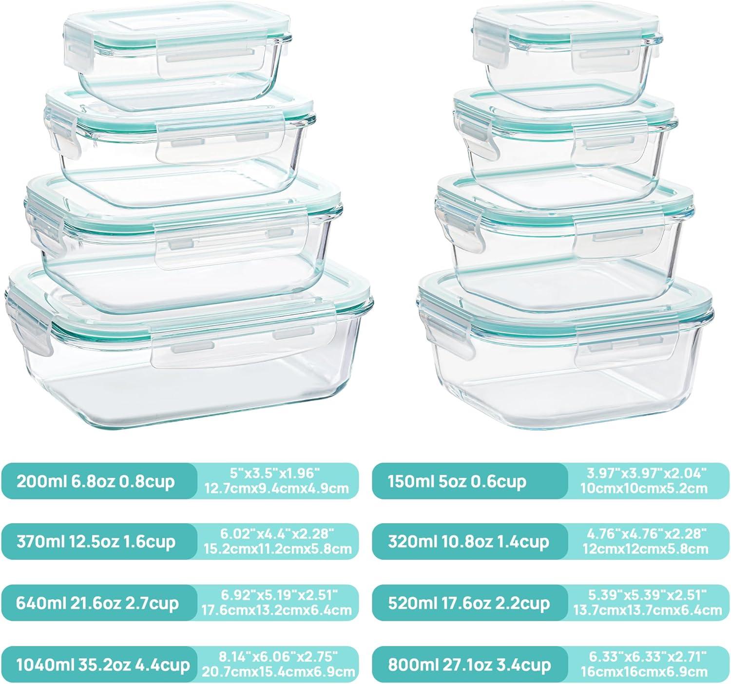 Green Glass Meal Prep Containers with Airtight Lids, Set of 8