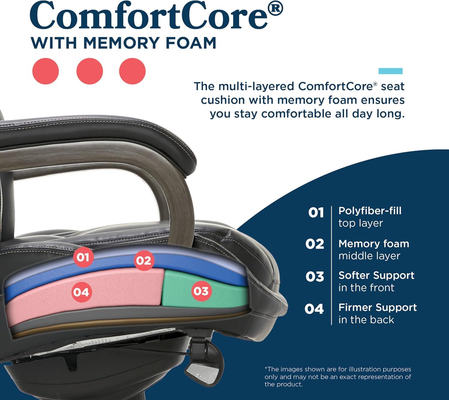 La-Z-Boy La-Z-Boy Harnett Big and Tall Executive Office Chair, Ergonomic High-Back Chair with Solid Wood Arms, ComfortCore with Memory Foam Cushions, Bonded Leather