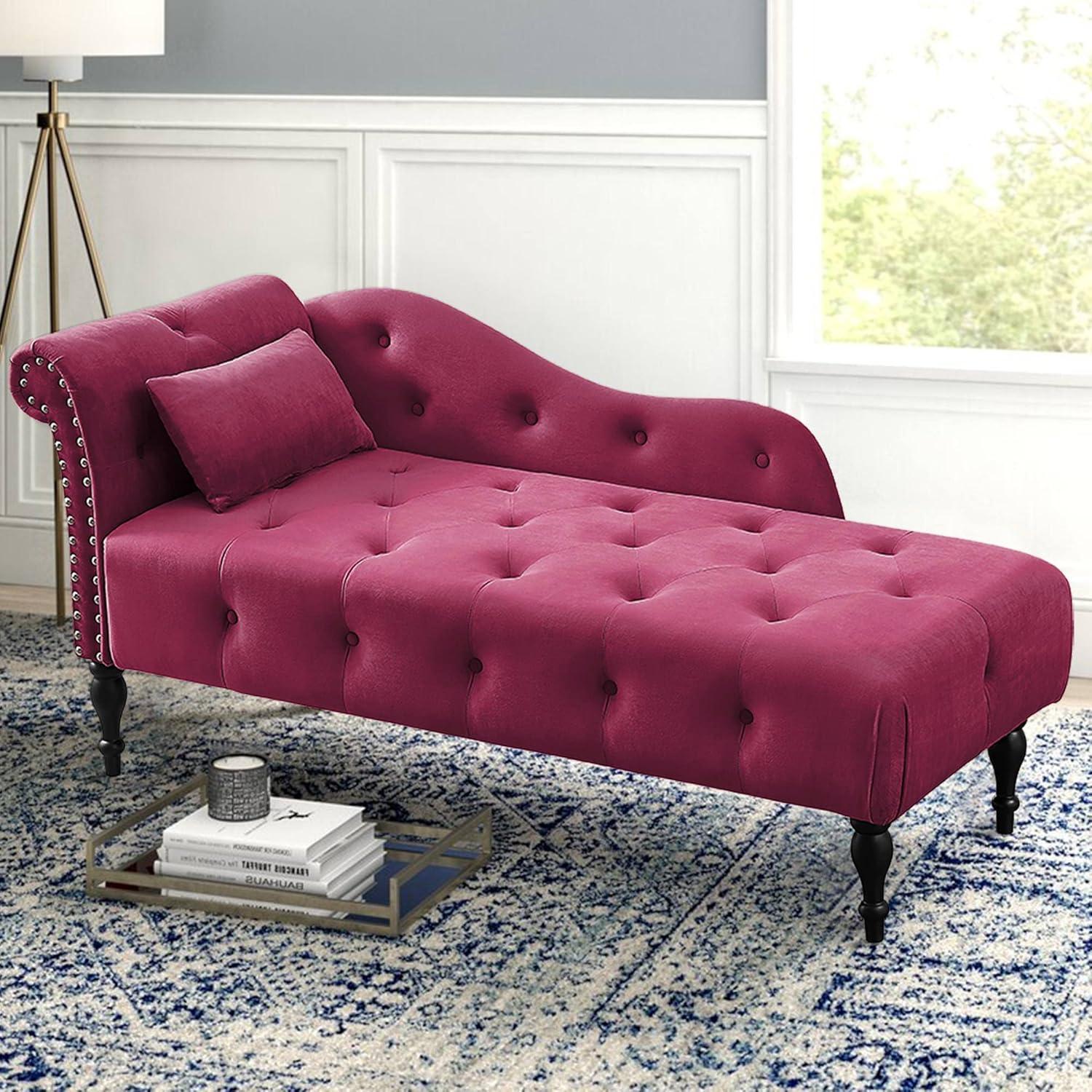 Burgundy Velvet Chaise Lounge with Mahogany Wood Legs