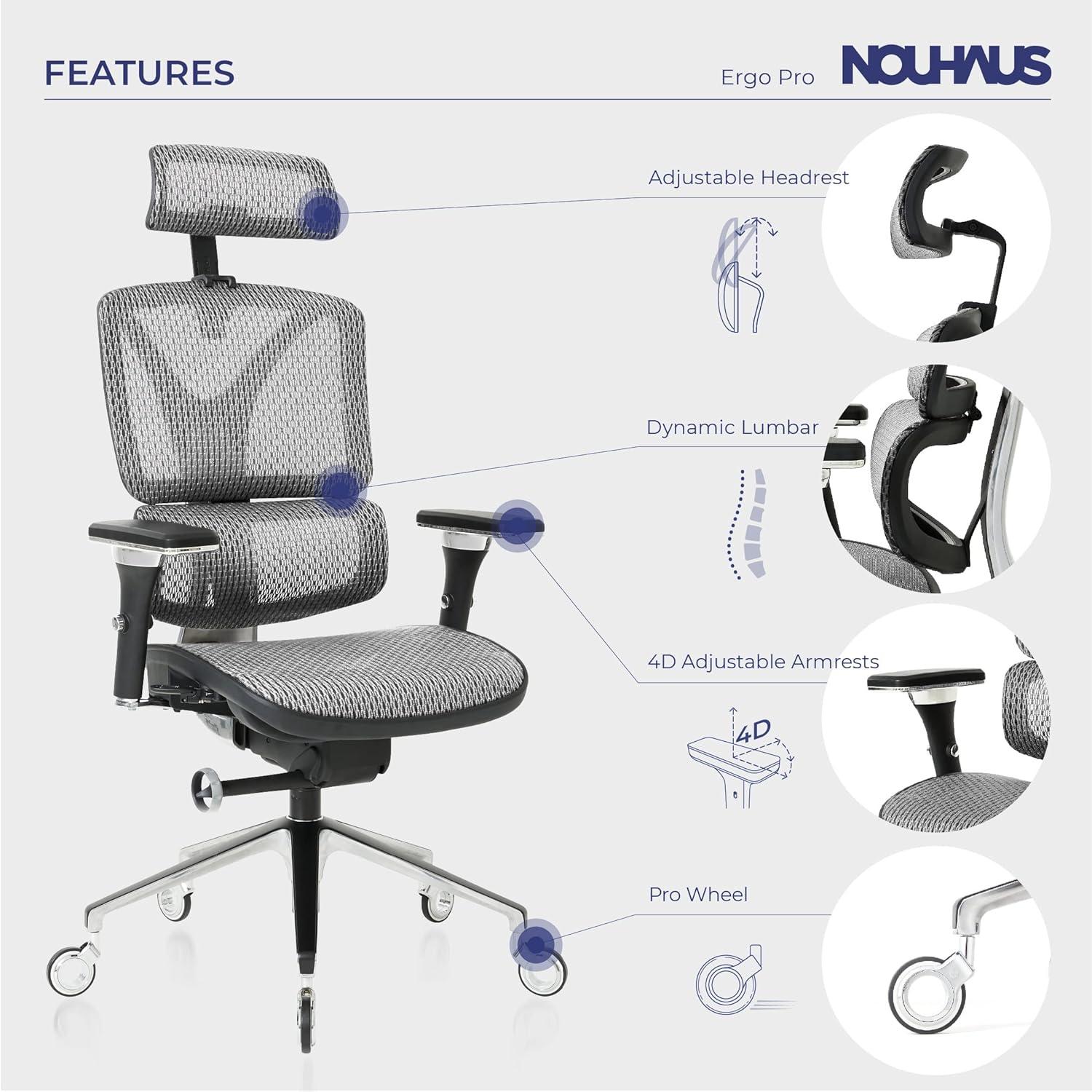 Nouhaus Inc Nouhaus Ergonomic Office Chair Lumbar Support Aluminum Alloy Backrest, Big and Tall Mesh Computer Desk Chair with Adjustable Headrest, 4D Armrest and Premium Wheels