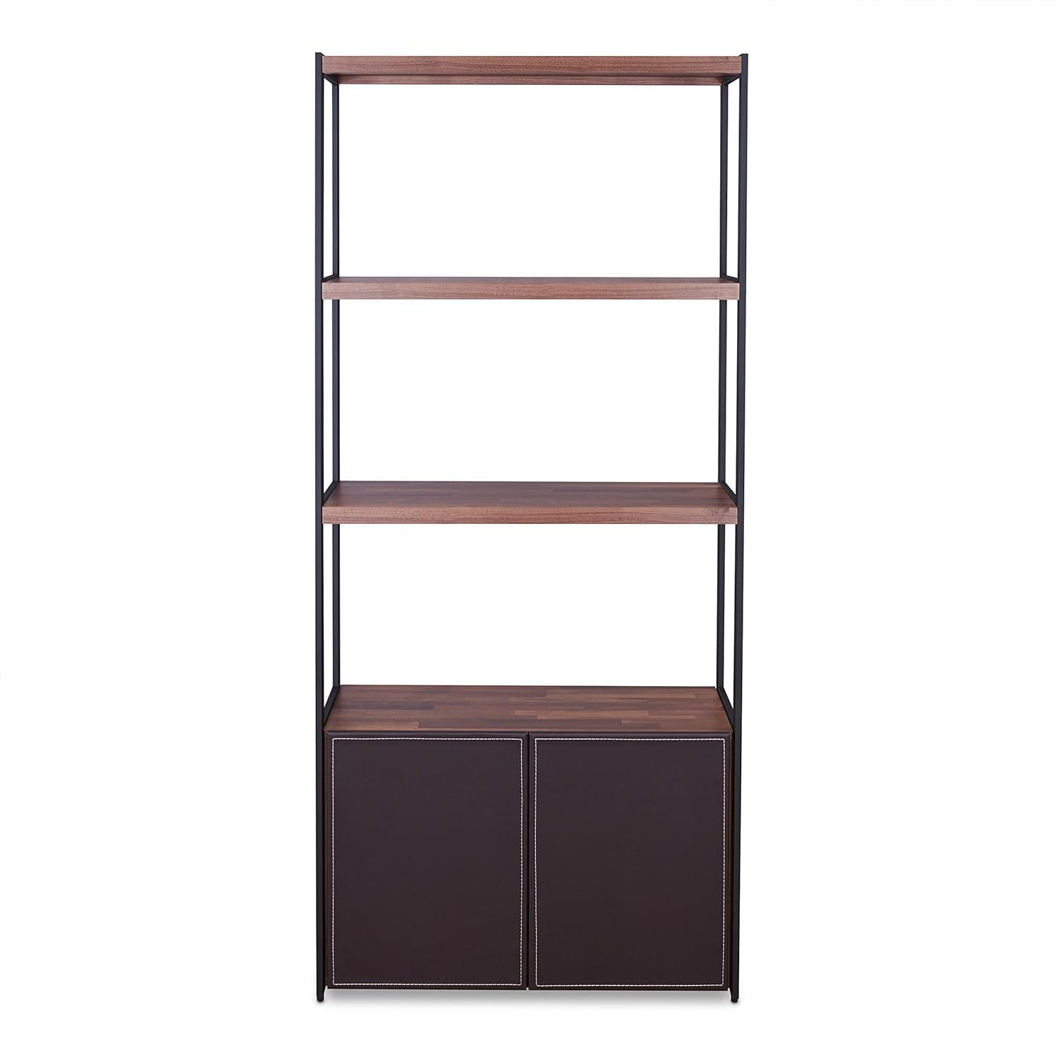 ACME Sara 3 Shelf Wooden Bookcase with 2 Doors in Walnut and Sandy Black