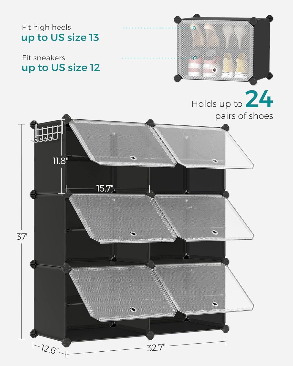 Black 6-Cube Plastic and Metal Shoe Organizer with Doors