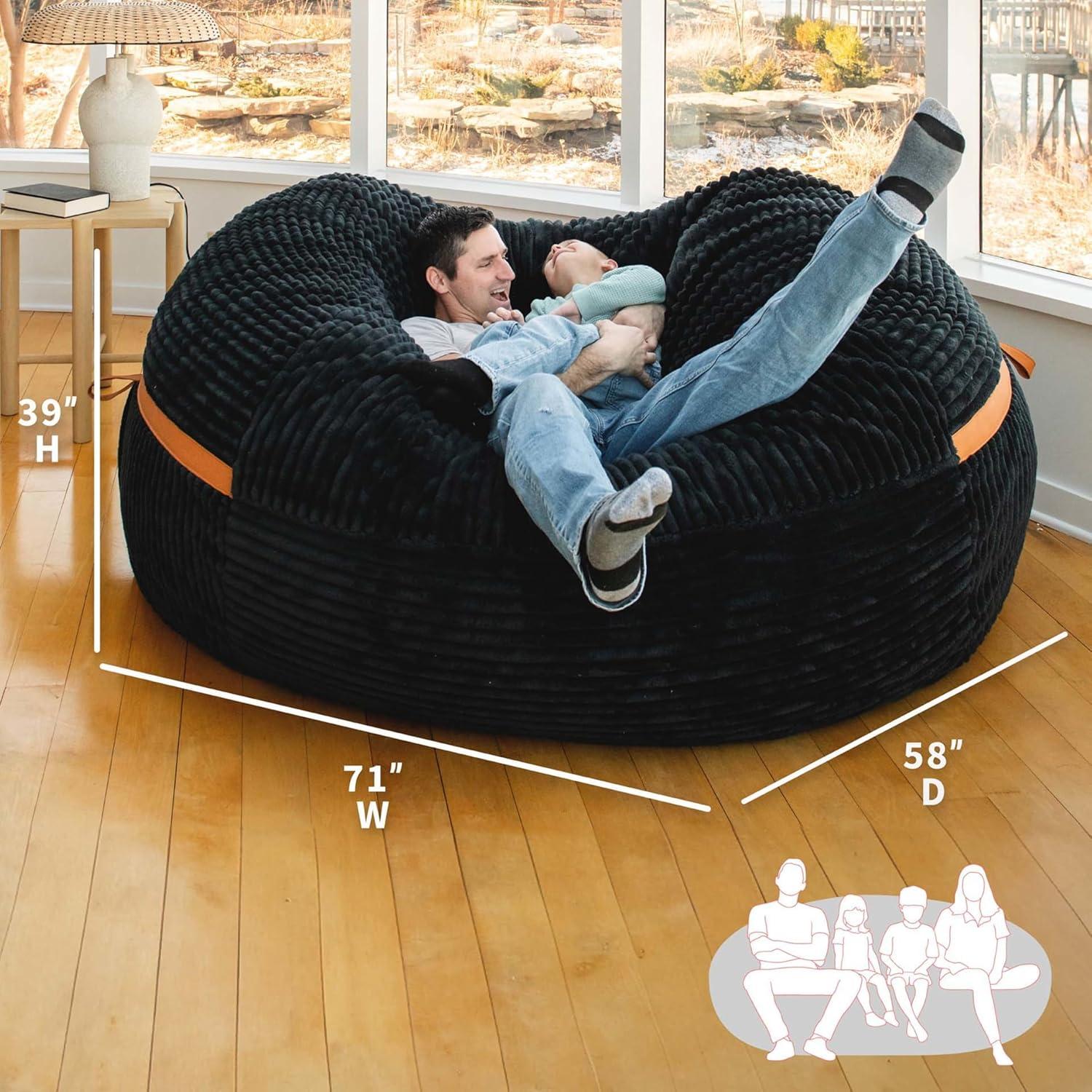 Big Joe Foam Filled Bean Bag Chair with Removable Cover, Corded Plush, Vegan Leather Accents, Medium to XXL Size
