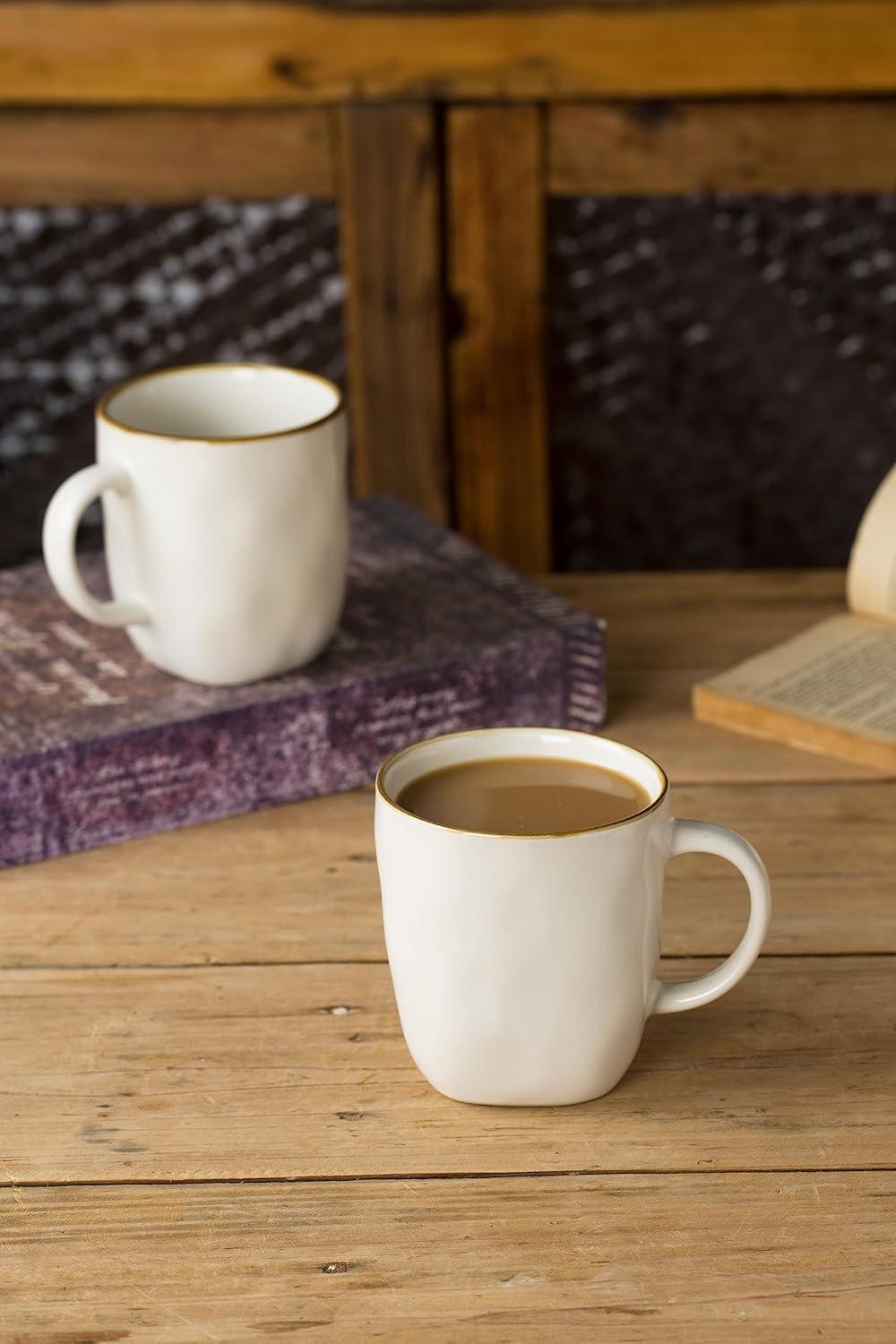 FAST APPLIANCES LLC Coffee Mugs Set Of 4, Ocean Square 13Oz Coffee Cup Set With Handle For Cocoa, Milk, Hot Chocolate, Tea, Water, Stoneware Cups For Kitchen, Microwave And Dishwasher Safe, Vanilla White