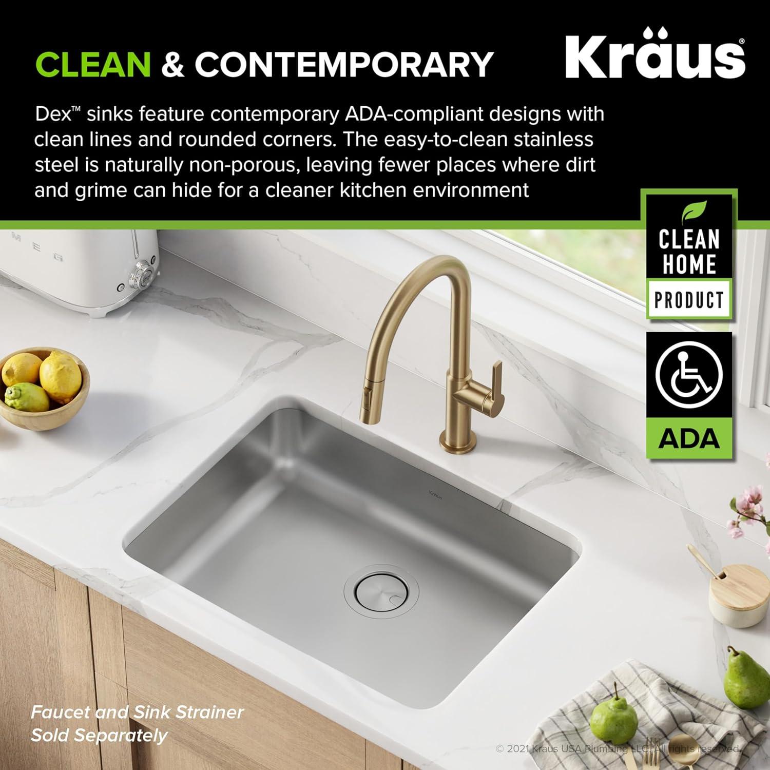 Dex™️ Series KRAUS 25" L Undermount 16 Gauge Stainless Steel Single Bowl ADA Kitchen Sink