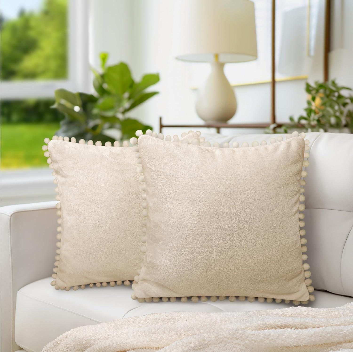 PAVILIA Set of 2 Pom Pom Throw Pillow Covers, Decorative Pompom Fringe Square Cushion Cases for Couch Sofa Bed, Cream/20 x 20