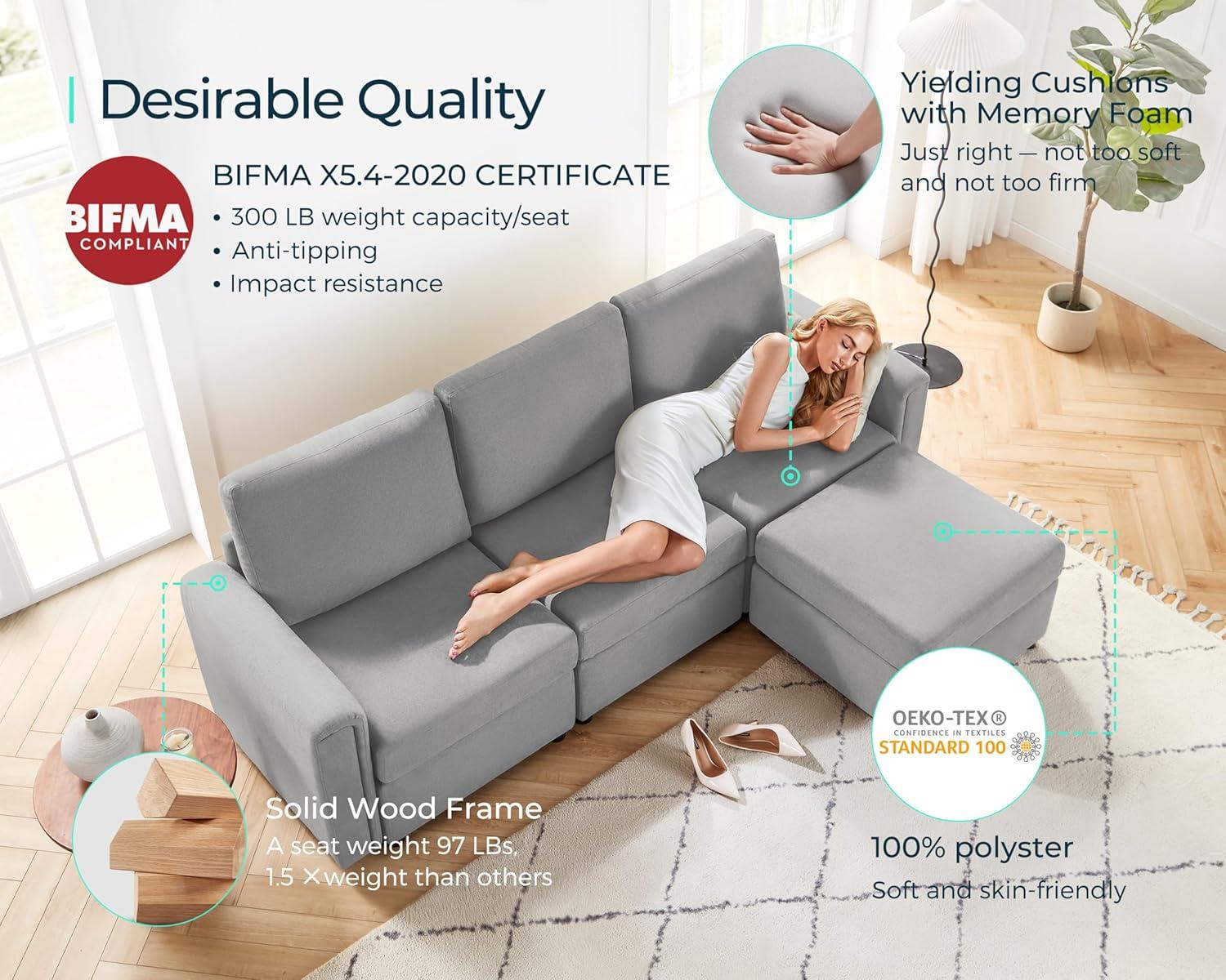 LINSY HOME Modular Couches and Sofas Sectional with Storage, 4 Seat Sectional Sofa for Living Room, L Shaped Sectional Couch with Reversible Chaises, Light Gray