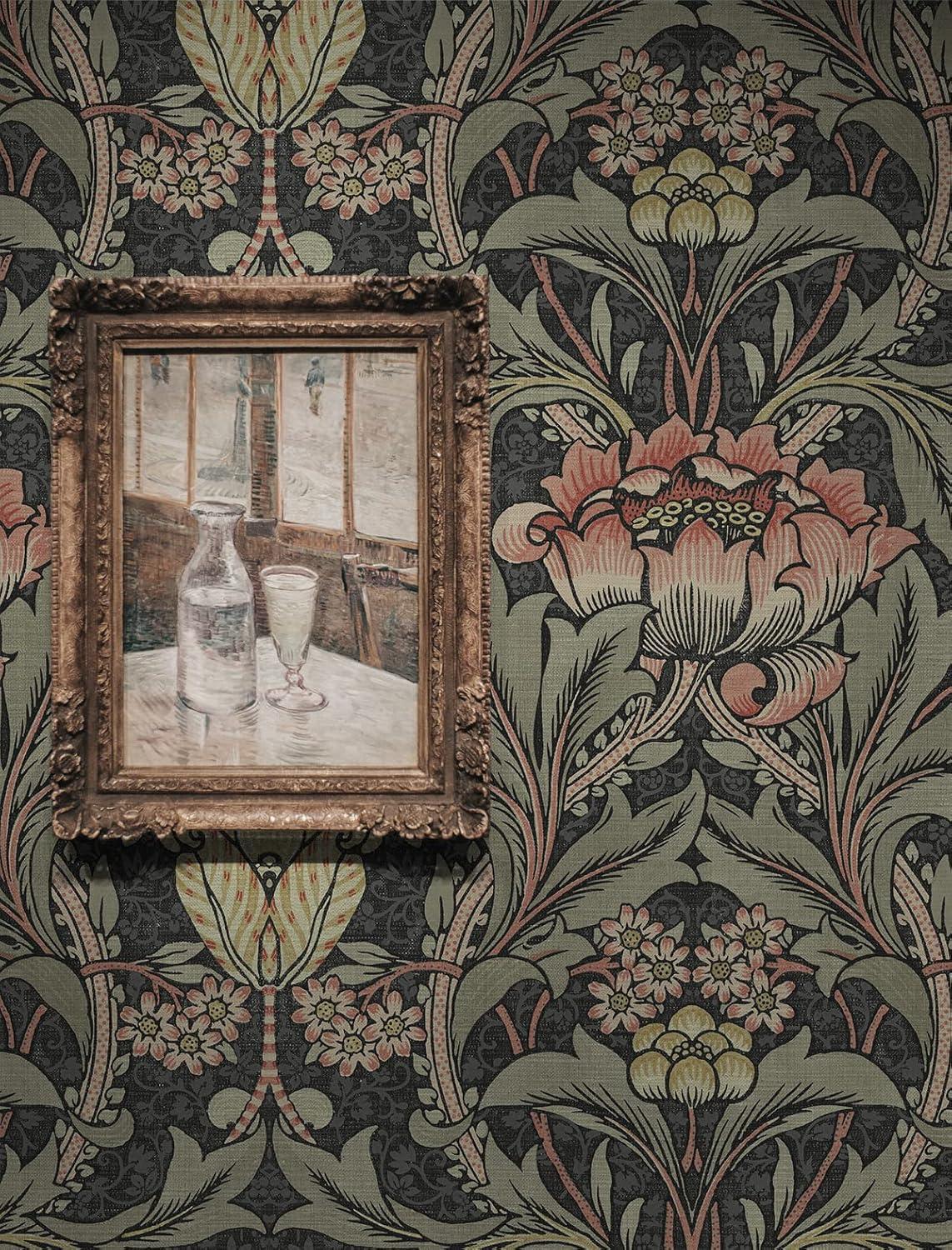 Charcoal and Rosewood Floral Vinyl-Coated Wallpaper Roll