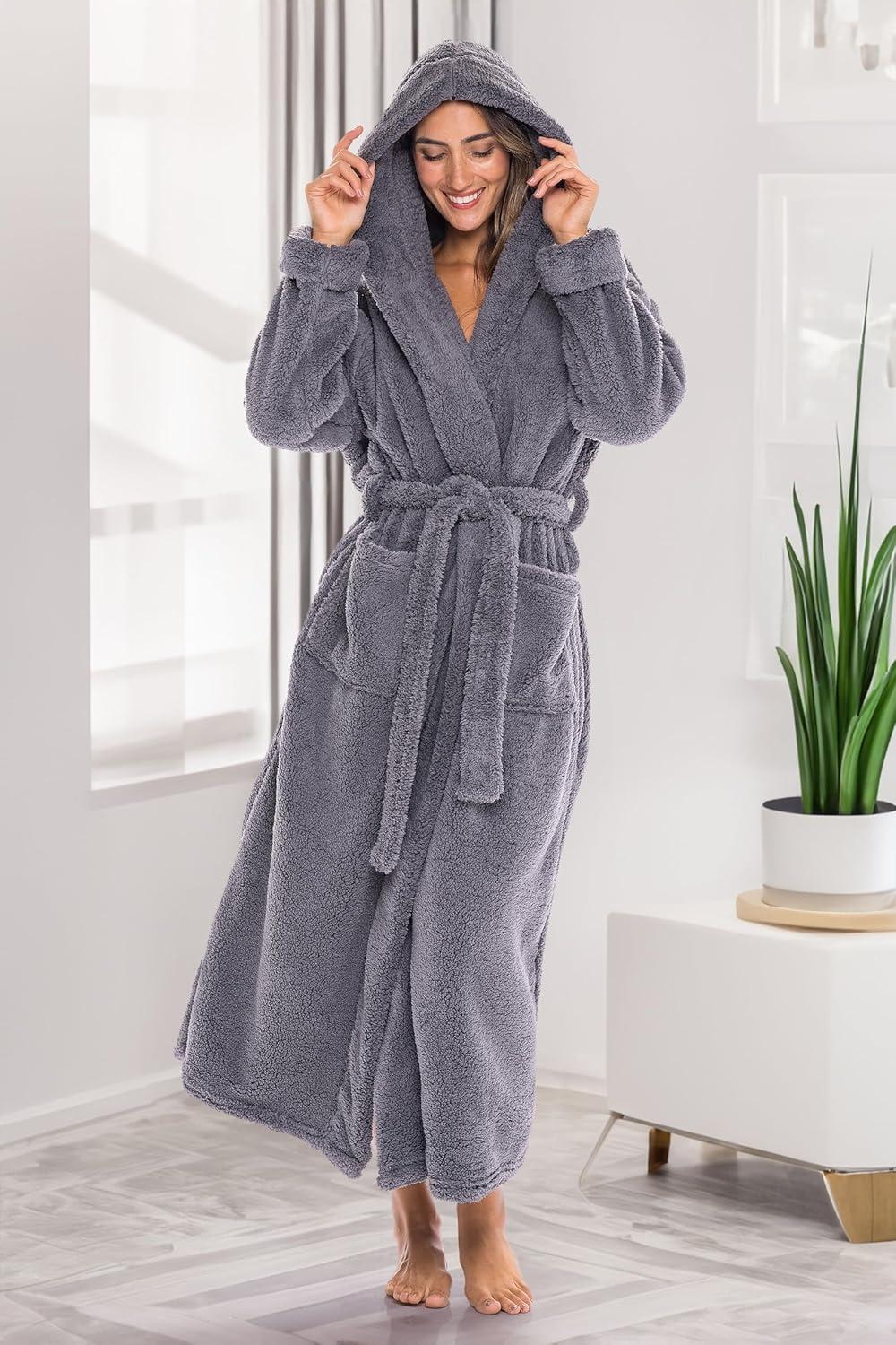 ADR Womens Fluffy Robe, Fuzzy Robe for Women, Long Hooded Robes for Women, Plus Size Robe Steel Gray XS