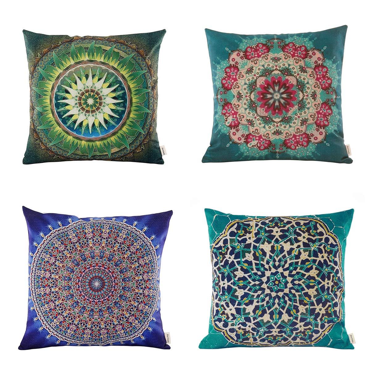 Jartinle Set of 4 Retro Floral Mandala Compass Medallion Bohemian Pillow Covers Boho Decor Hippie Throw Pillows Decorative for Sofa Couch 18 x 18