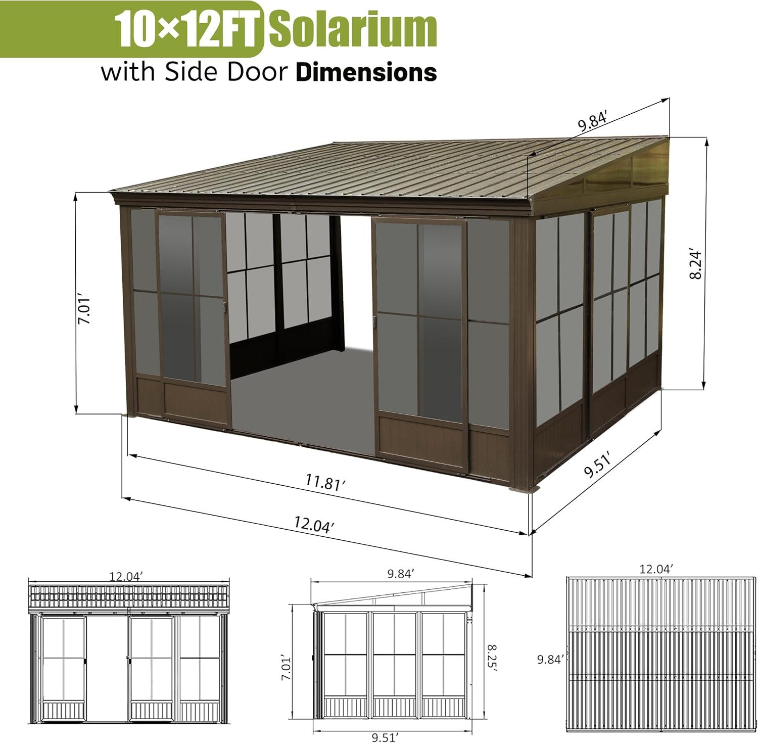 Domi 10’ x 12’ Sunroom, All-Season Wall Mounted Gazebo Solarium with Front Door, Side Entrance, Galvanized Steel Sloping Roof, PVC Screen, Outdoor Permanent Sun Room Lean to Gazebo for Deck Patio