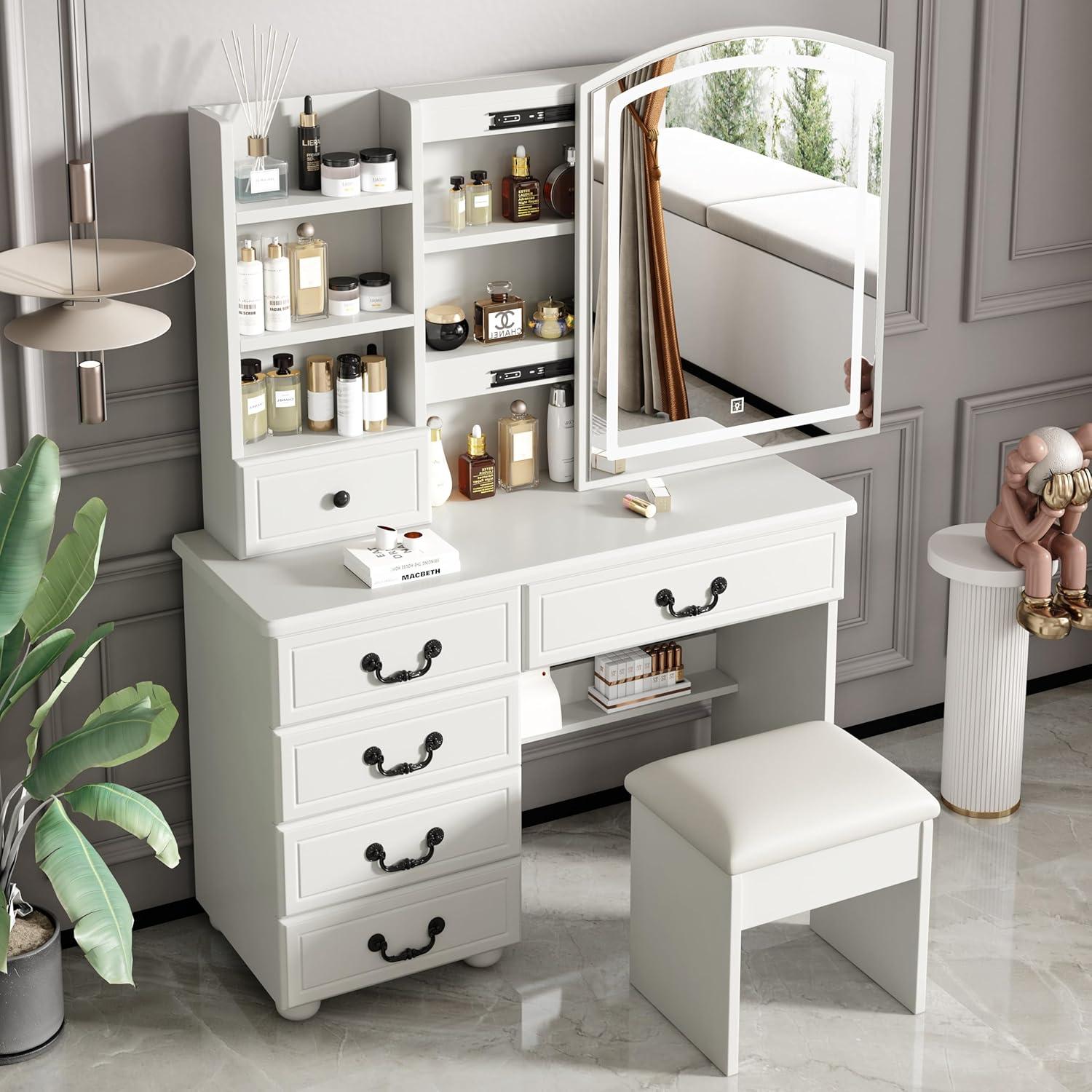 MONTARY Makeup Vanity Desk with Mirror and Lights, Dressing Table , White Vanity Table Set with 6 Drawers & Shelves & 4 Cabinets, 3 LED Lighting Modes Brightness Adjustable