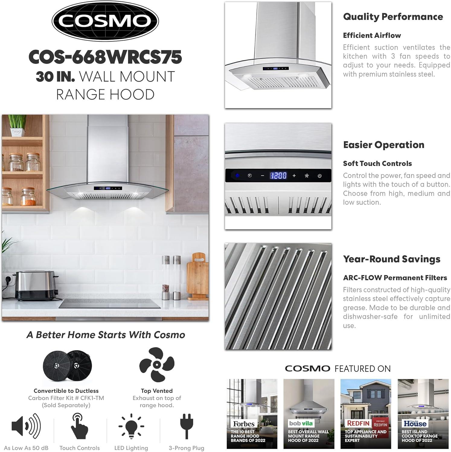 Cosmo 30 in. Ducted Wall Mount Range Hood in Stainless Steel with Touch Controls, LED Lighting and Permanent Filters