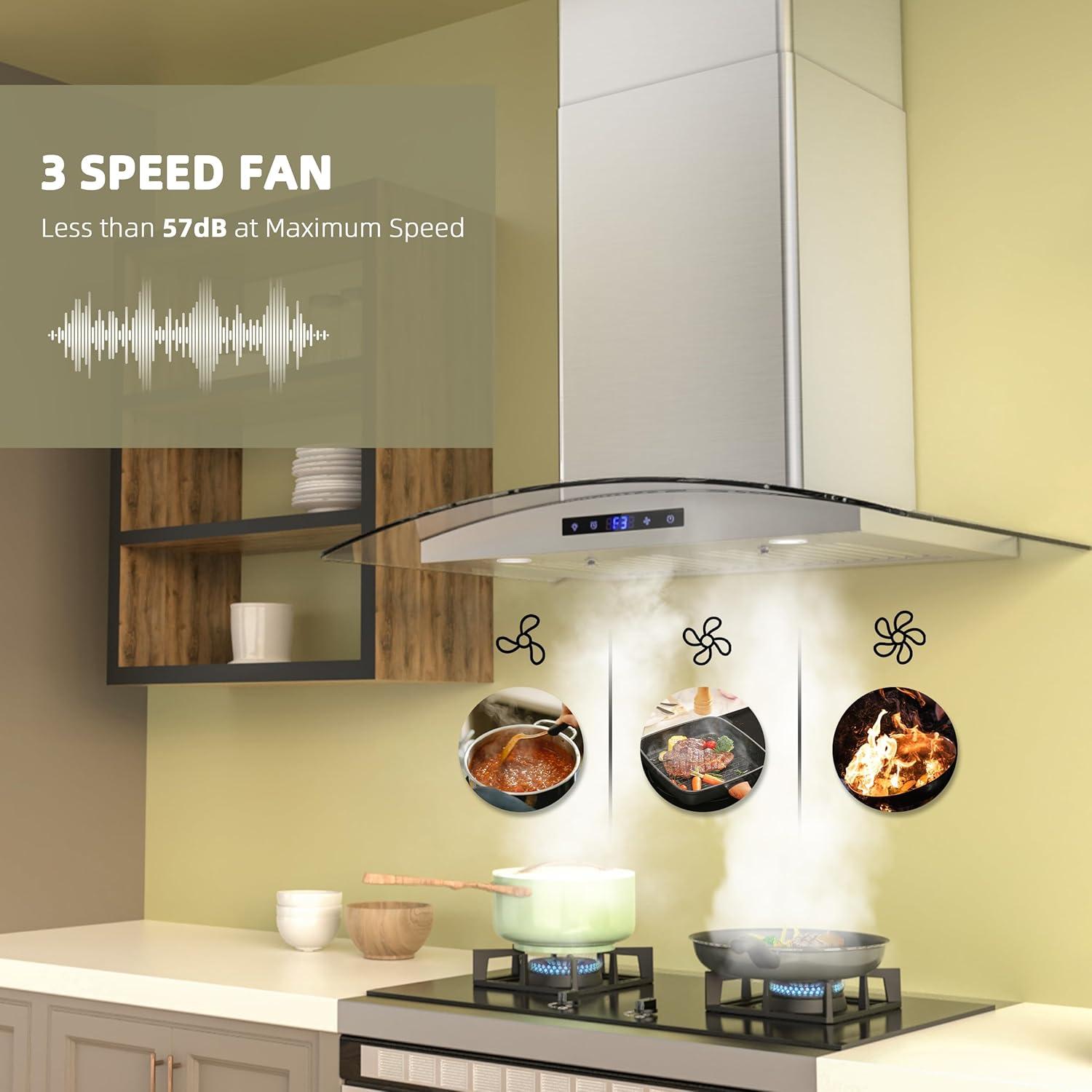 FIREGAS 30 inch Wall Mount Range Hood 600CFM with Ducted Exhaust Vent,3 Speed Fan,Soft Touch Controls,LED Lights,Permanent Filters in Stainless Steel,includes Charcoal Filter